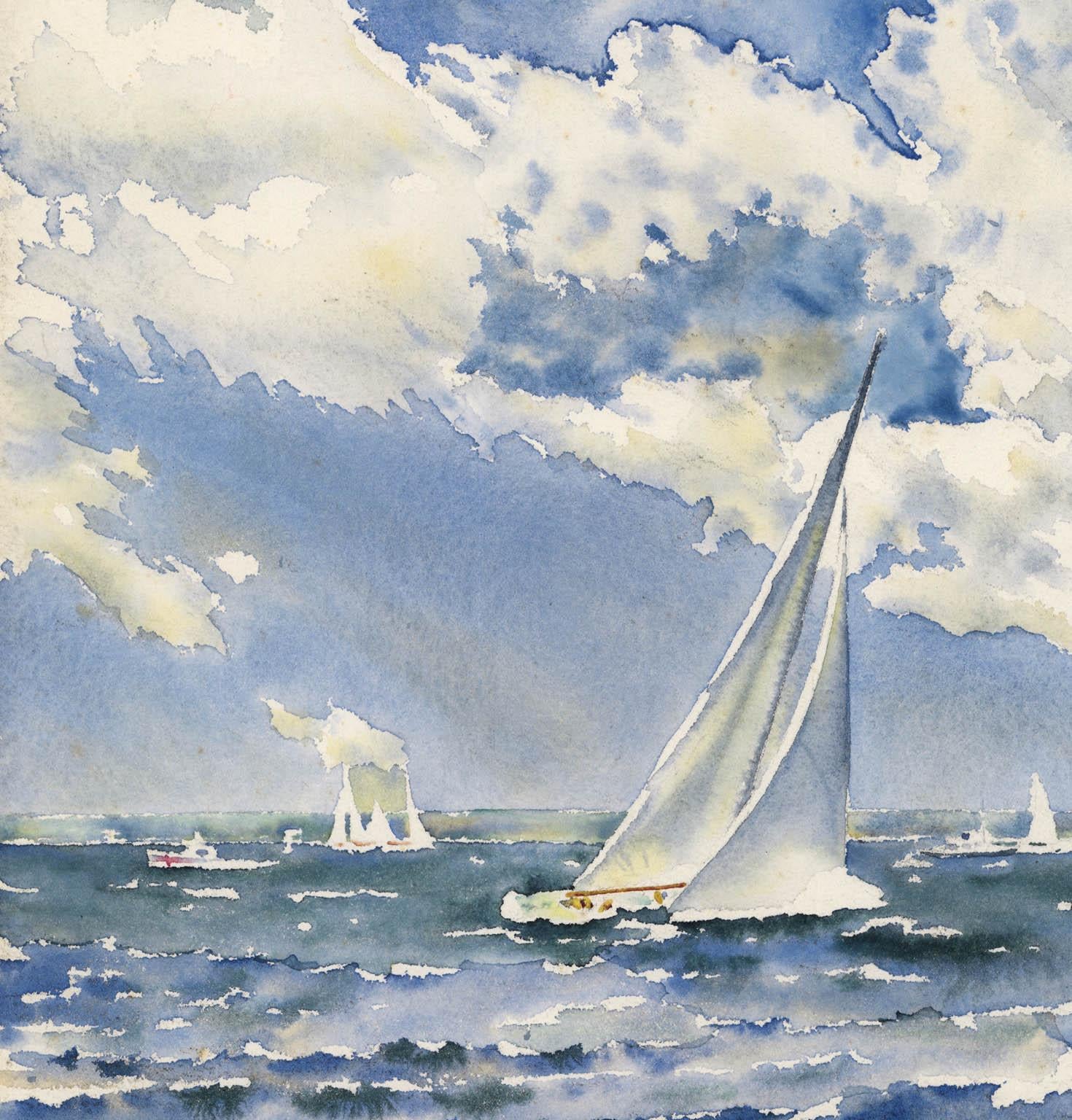 AMERICA'S CUP - 1967.  BEAT TO THE FINISH - INTREPID (USA) VS. DAME PATTIE (AUS) - Gray Landscape Art by Joseph Webster Golinkin