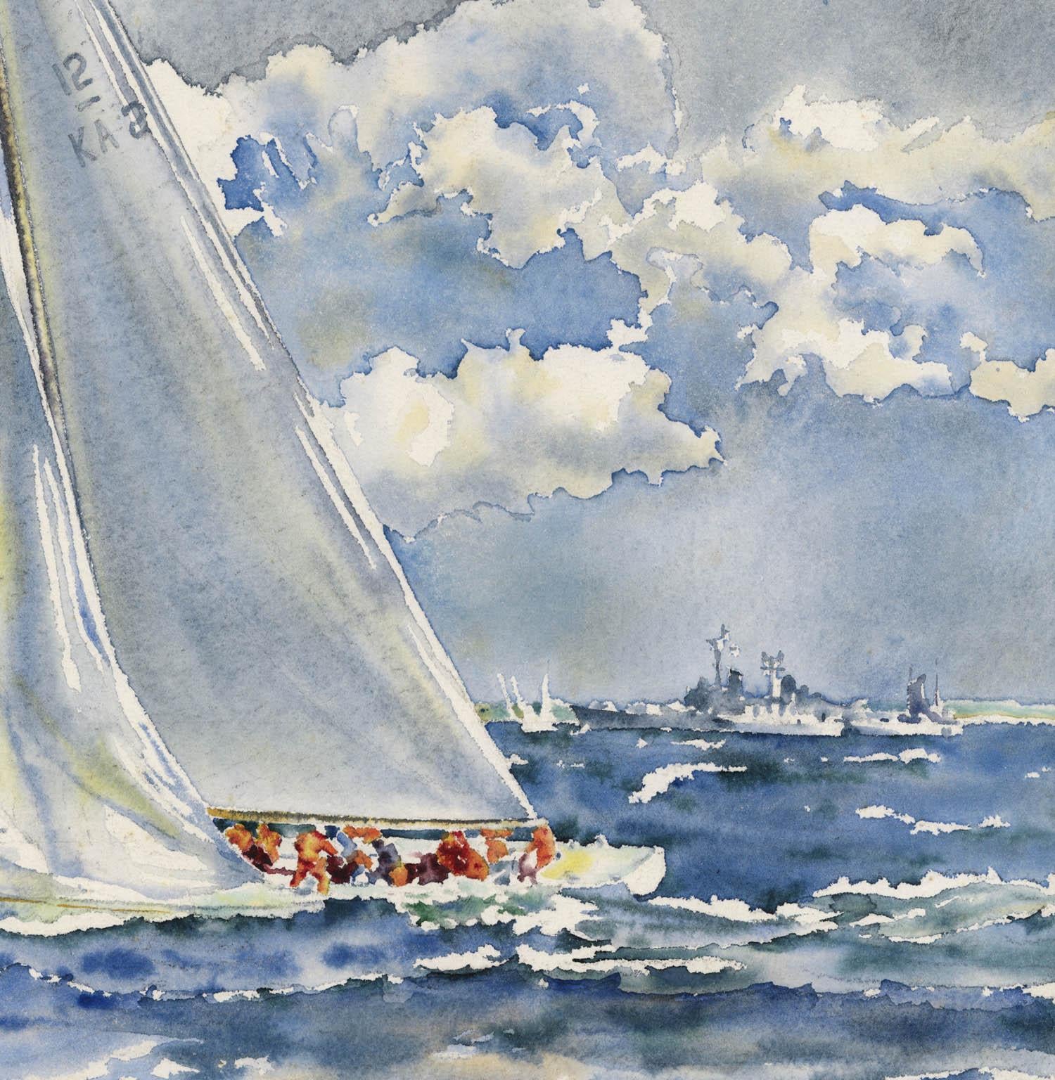 AMERICA'S CUP - 1967.  BEAT TO THE FINISH - INTREPID (USA) VS. DAME PATTIE (AUS).

“Beat to the Finish” is a 1967 watercolor by Joseph Webster Golinklin. Paper size 21 1/2 x 29 1/2