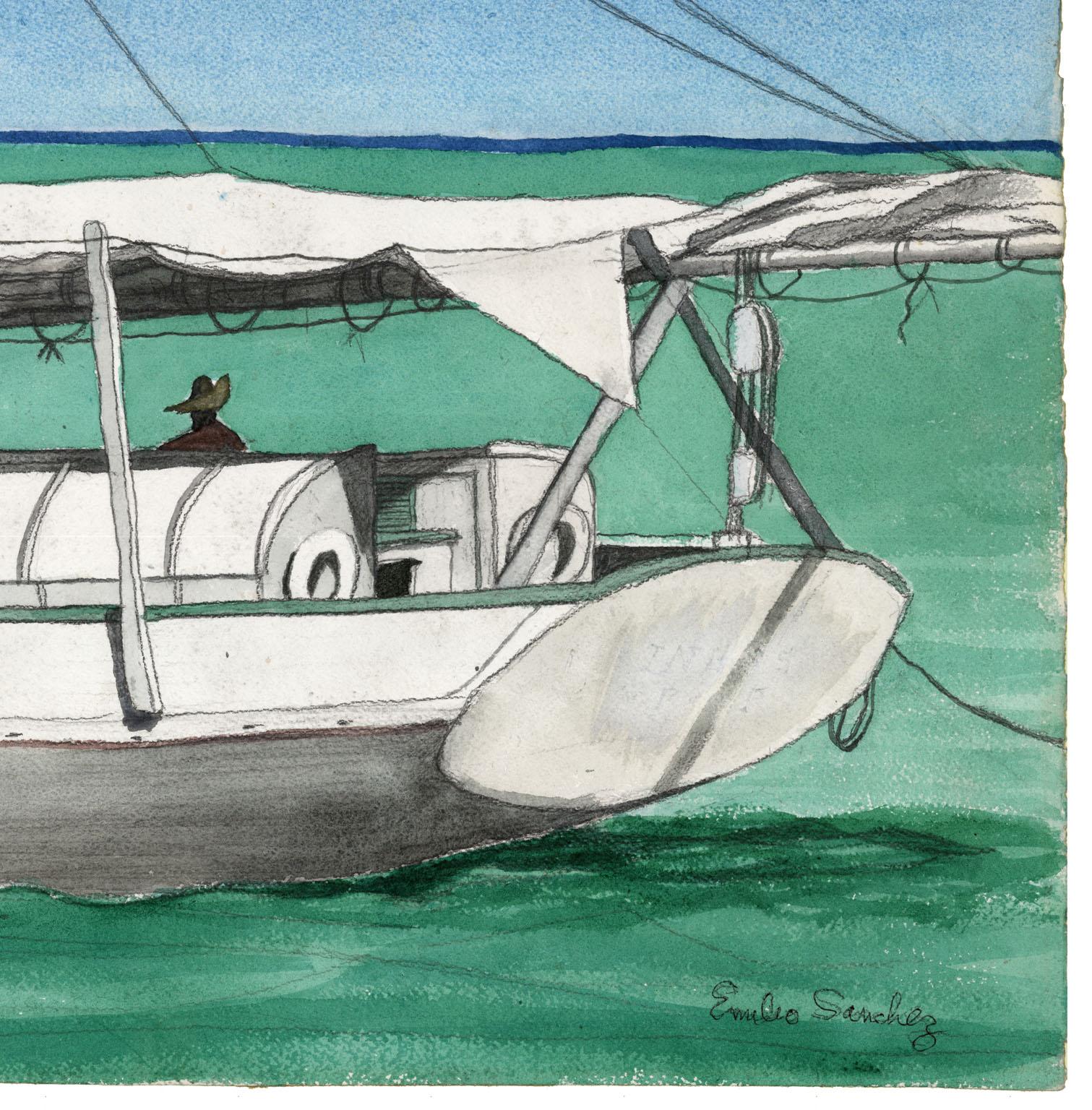 Emilio Sanchez (1921-1999) created the watercolor entitled “Schooner St. Croix” in 1952.  This piece is signed in pen at the lower right and titled on the verso. The paper size is 16.88 x 22.25 inches.  Stamped on verso 
