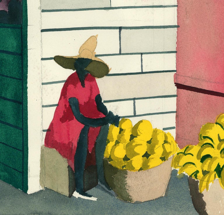 Emilio Sanchez (1921-1999) created [untitled] “STREET SCENE WITH FRUIT VENDOR” in circa 1950.  This unsigned watercolor and came to us directly from the Sanchez estate.  It is stamped on the verso 