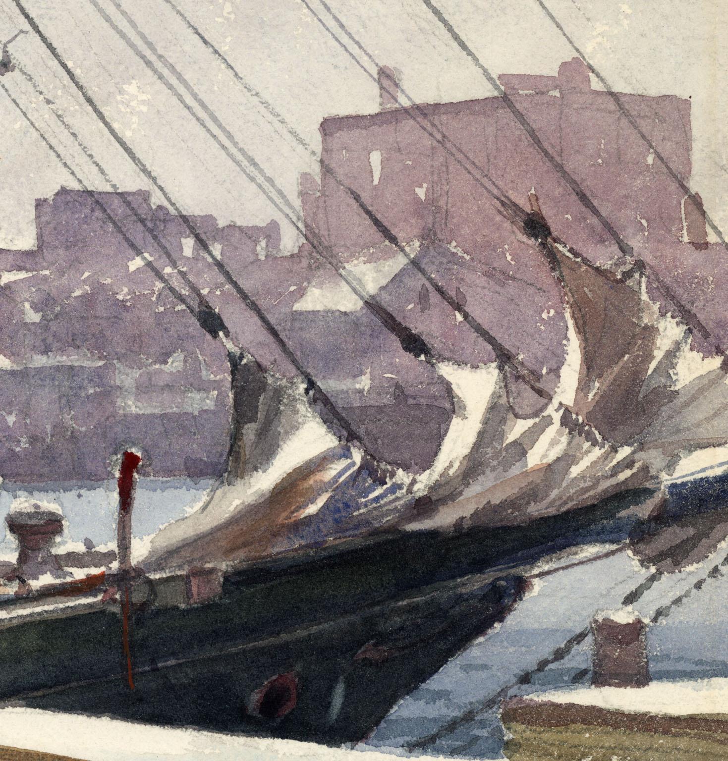 Gordon Hope Grant (1875-1962) created the watercolor entitled “The Lumber Wharf” in circa 1947. It is signed in the lower left 1 inch above the paper edge. The watercolor paper size is 15 x 22 3/8 inches.  There is paper tape along the paper edges –