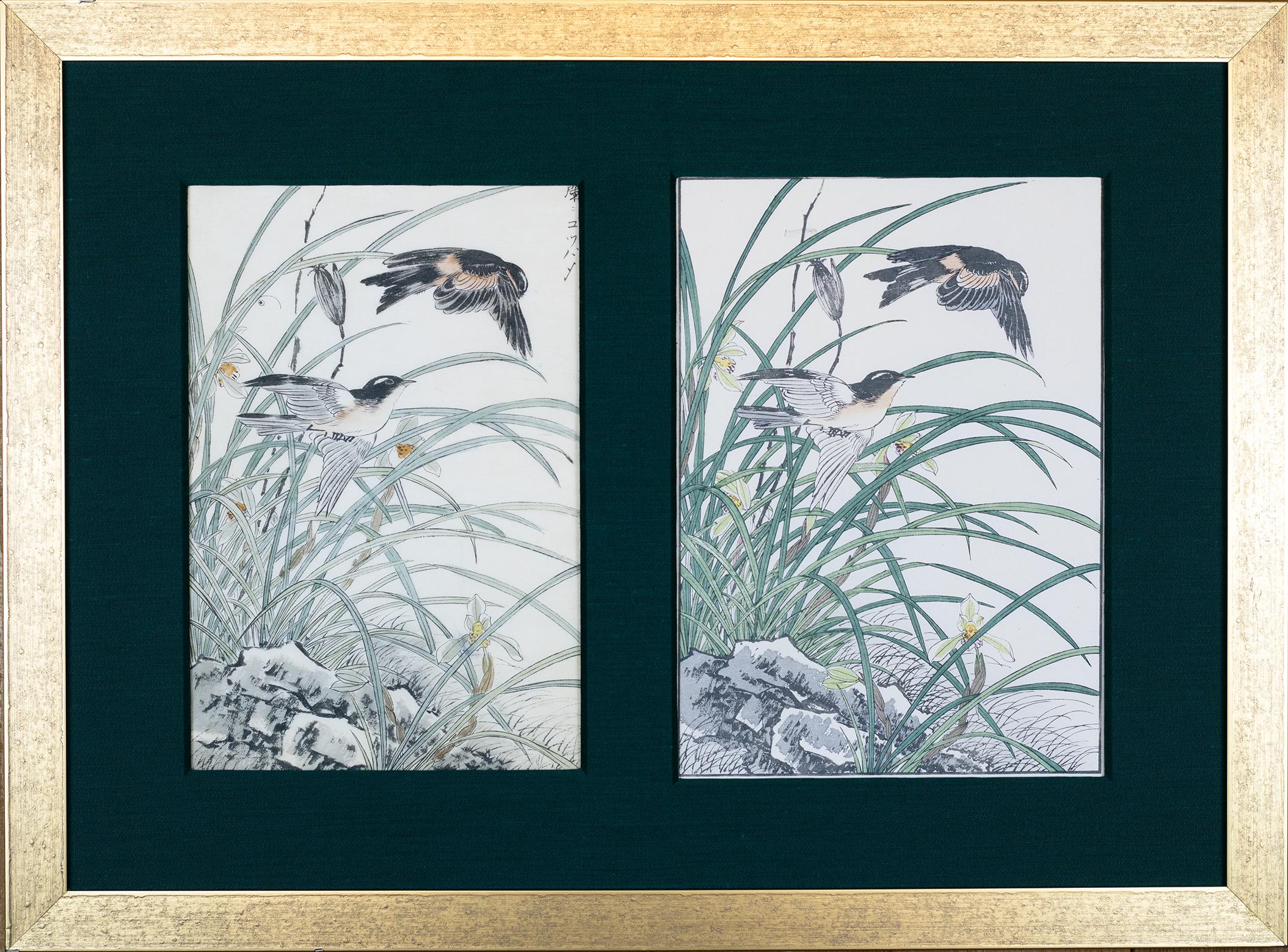 Original Japanese Watercolor and Woodblock Print of Orchid and Swallows