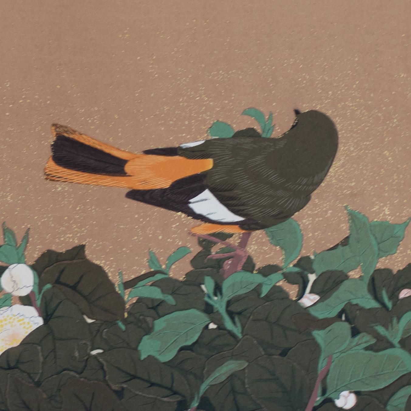 Tea Flowers and Redstart Birds - Brown Landscape Print by Tsuchiya Rakusan