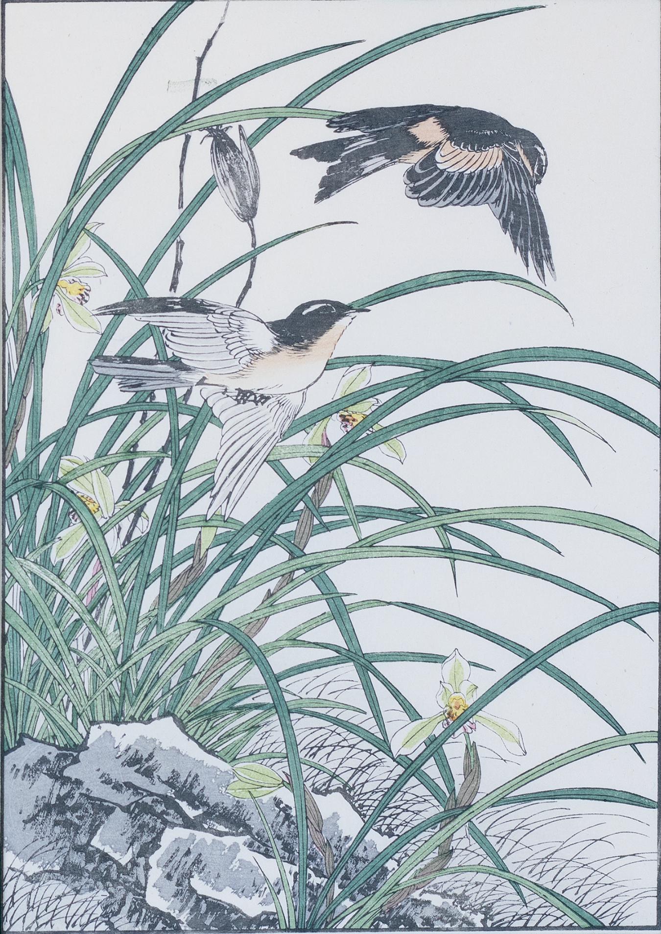 Original Japanese Watercolor and Woodblock Print of Orchid and Swallows - Art by Imao Keinen