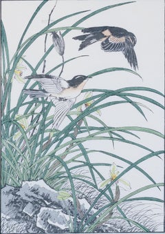 Original Japanese Watercolor and Woodblock Print of Orchid and Swallows