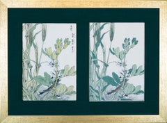 Original Japanese Watercolor and Woodblock Print of a Lark, Barley and Beans