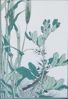 Original Japanese Watercolor and Woodblock Print of a Lark, Barley and Beans
