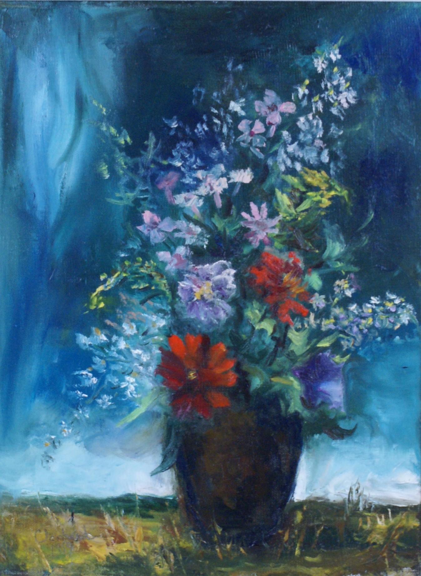 {Floral Still Life in Landscape} - Painting by Clochard