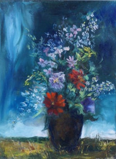 {Naturaleza muerta floral en paisaje}