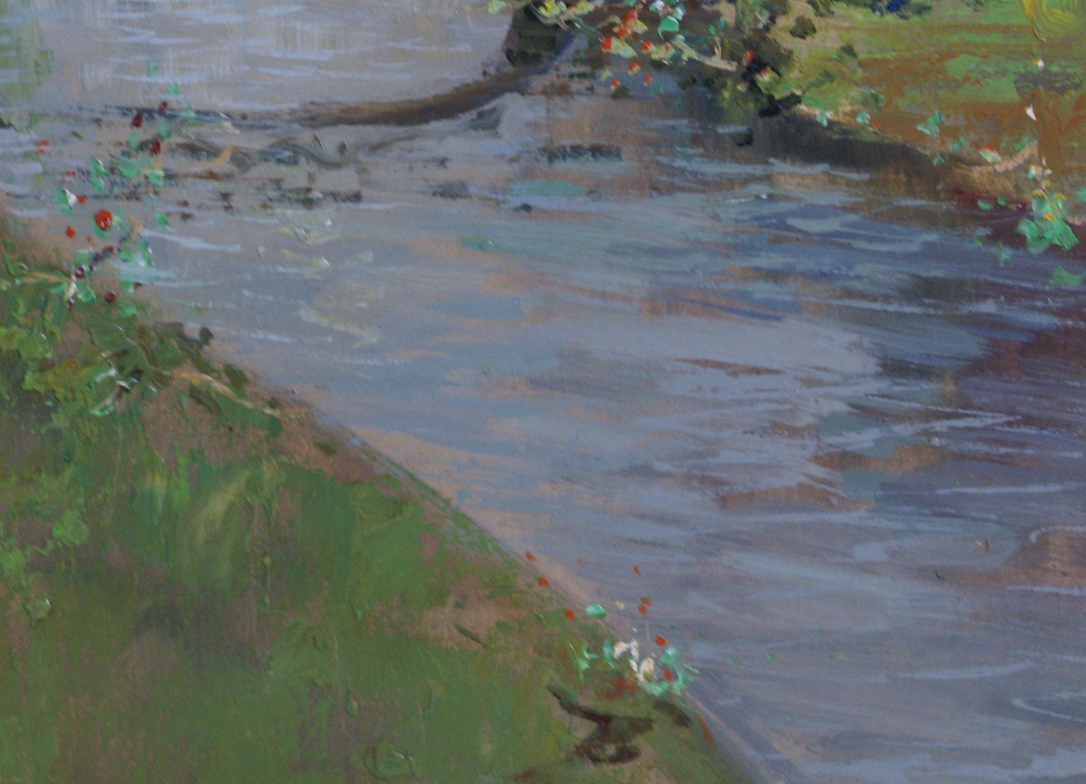 Ein großes, farbenfrohes Gemälde im Stil des Impressionismus, das einen Park mit Springbrunnen zeigt. Öl auf Leinwand, Maße: 36 x 24; Rahmen: 44 1/2 x 32 1/2 x 1 1/2. Signatur des Künstlers unten links; Signatur, Titel und Datum, 1972, verso. Das