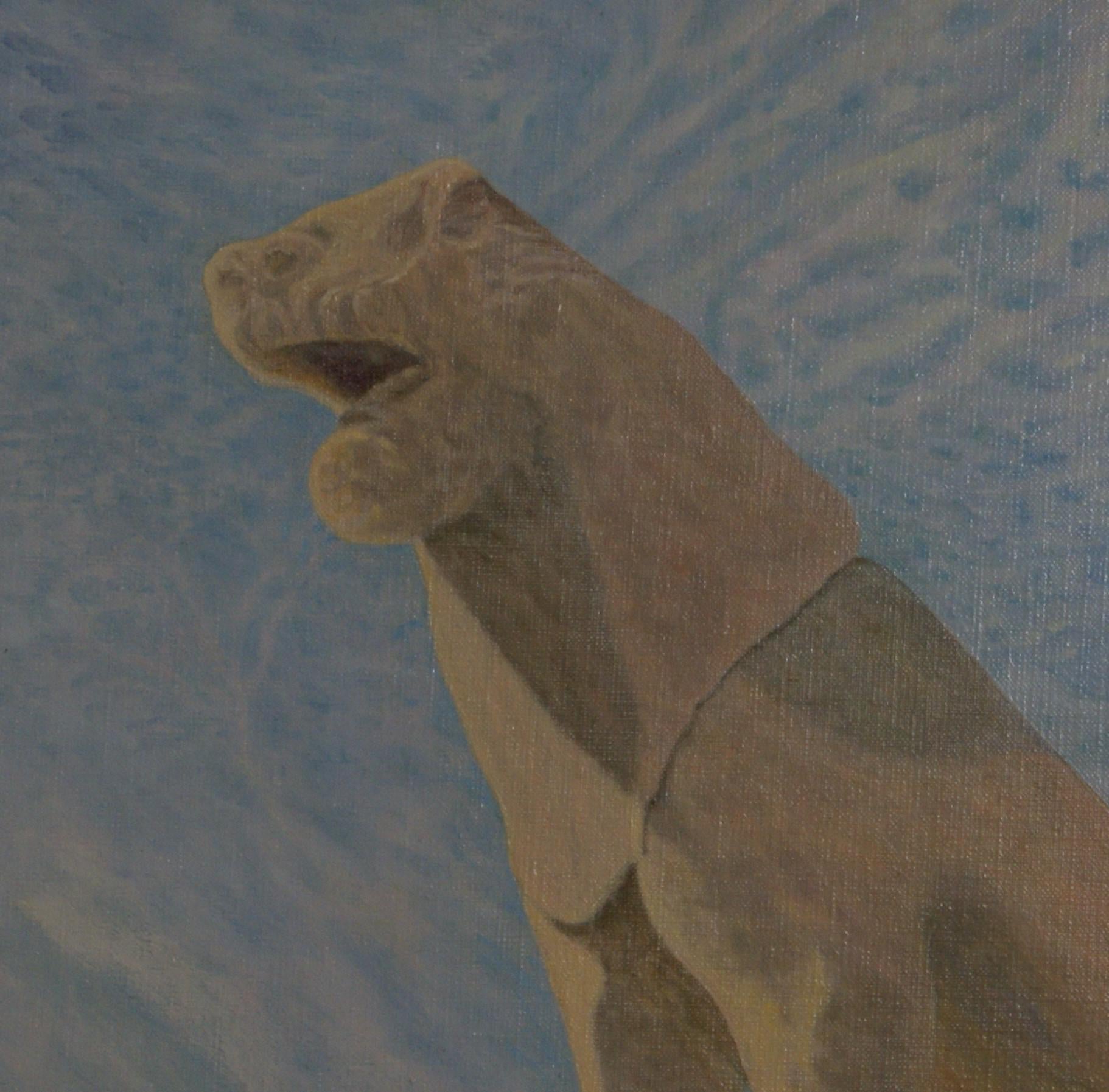 Huile sur toile représentant l'un des lions de la Terrasse des Lions, à Délos, en Grèce. La toile mesure 30 x 25 ; les dimensions du cadre sont 38 3/8 x 33 3/8 x 1 5/8. Initiales de l'artiste et date, en bas à droite. Le poids est de 14 3/4