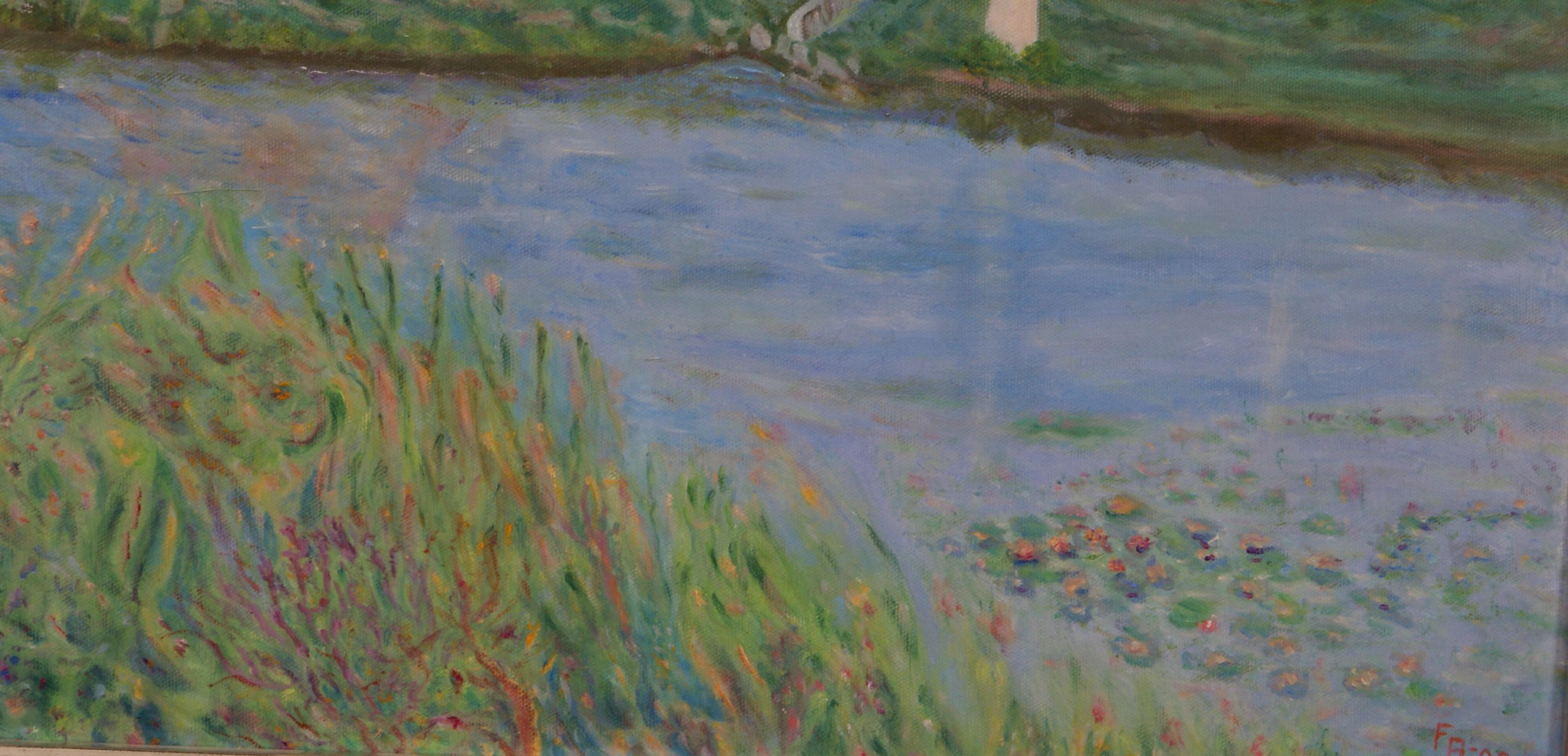 Representación de Freeman Baldridge de molinos de viento, que contrastan lo viejo y lo nuevo, situados junto a un canal. El óleo sobre lienzo mide 28 x 22; el marco mide 30 1/2 x 24 1/4 x 2. Iniciales del artista y fecha, FB - 09