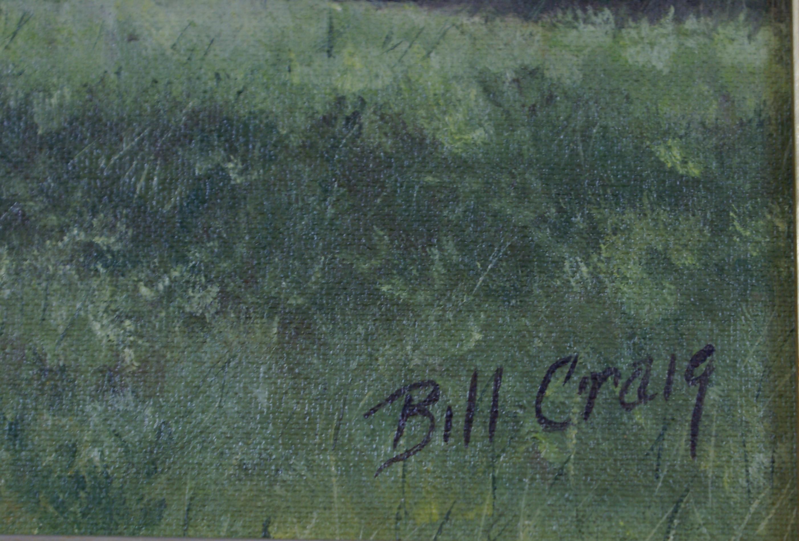Craig's depiction of a ranch under a blue sky with a billowing cloud. Oil on canvas panel measures 12 x 9; frame dimensions measure 17 x 14 x 2. Artist's signature, lower right; date, 
