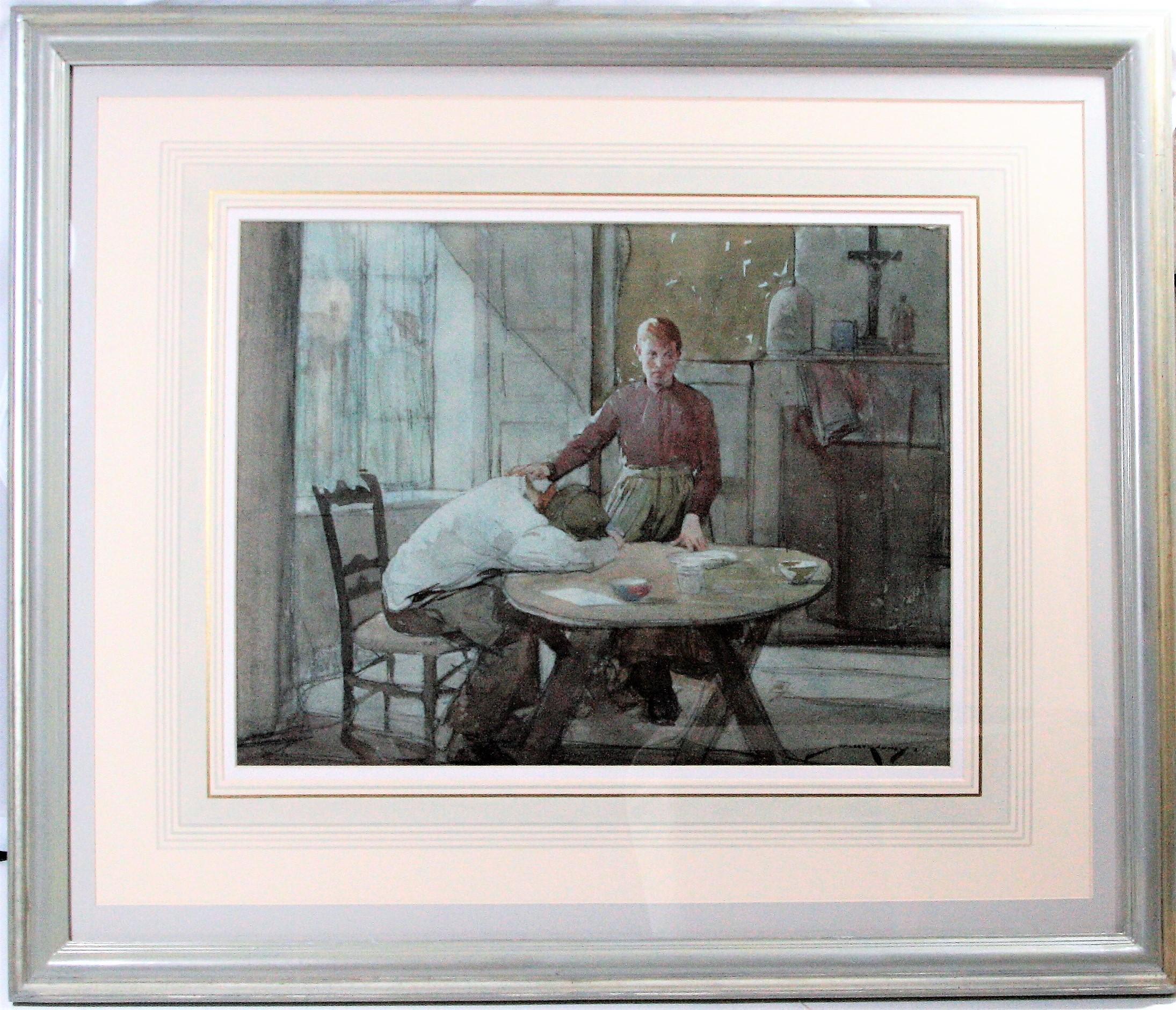Sorrow. c. 1920. Conte crayon and watercolor on watercolor board. 13 x 17. Signed lower right; titled verso. The muted watercolor tones intensify the man's despair; but the sunlight coming through the window suggests hope.  Housed in an elegant