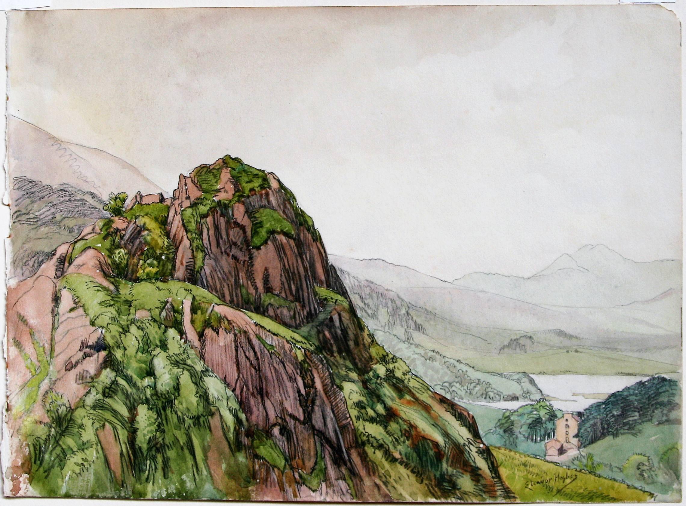 Eleanor Mary Hughes Abstract Drawing - Mountain Scene with Distant Lake.