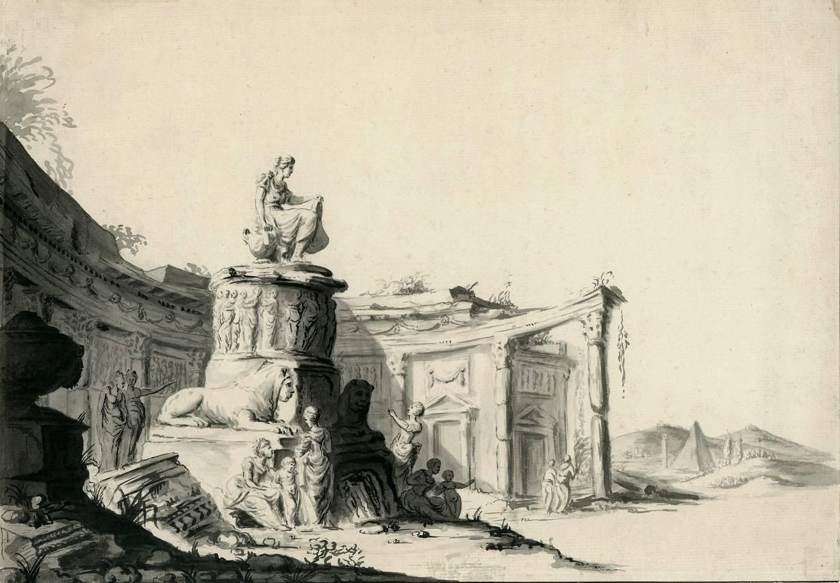 Landscape with the Ruins of a Round Temple, with a Statue, possibly Hebe. - Art by Unknown