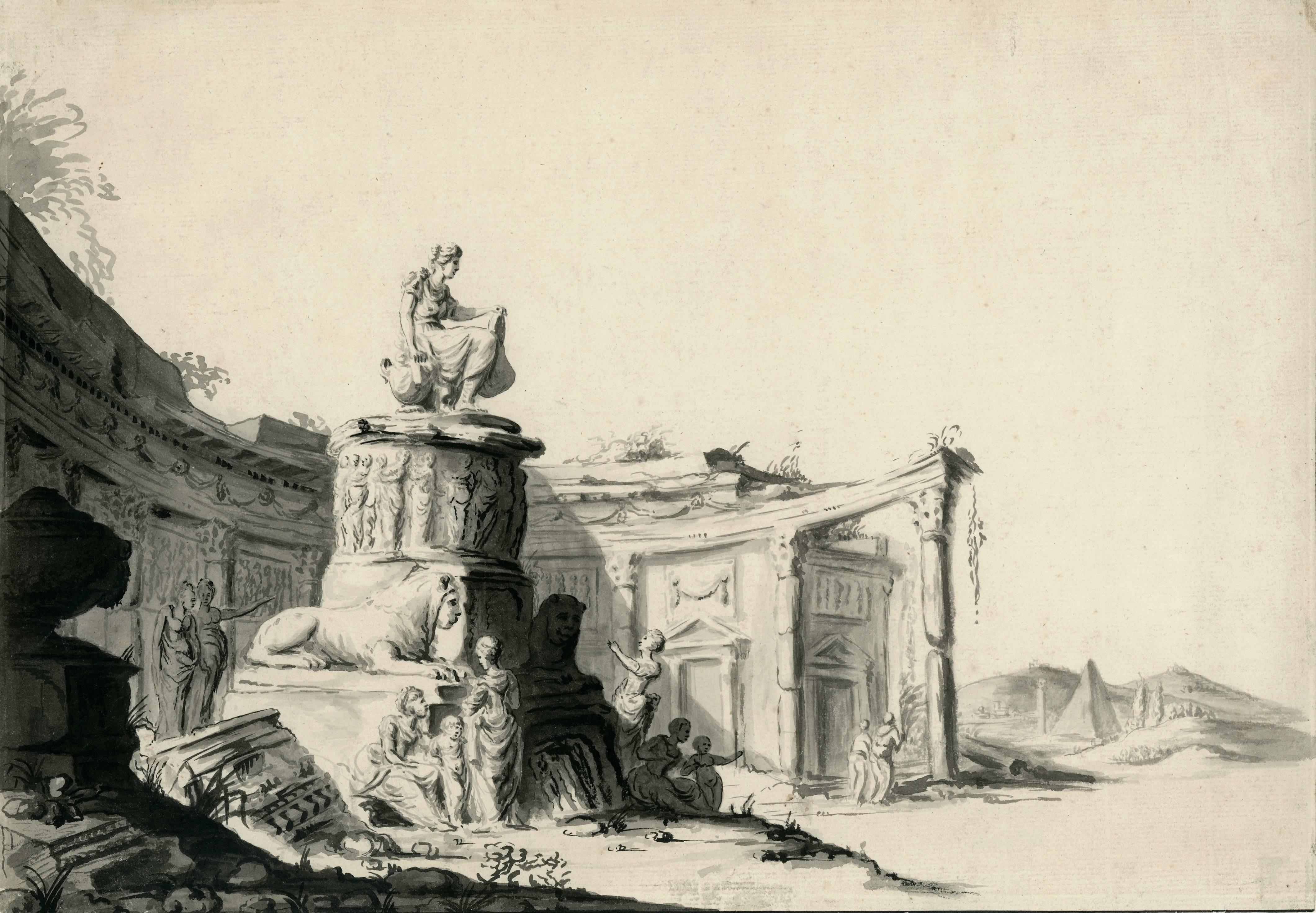 Landscape with the Ruins of a Round Temple, with a Statue, possibly Hebe. - Old Masters Art by Unknown