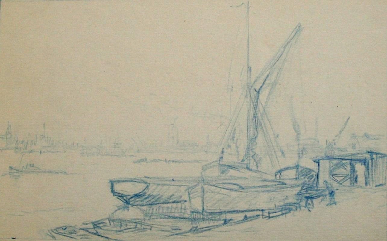 Douglas Ion Smart, R.E.  Landscape Art - Barge Along the Thames