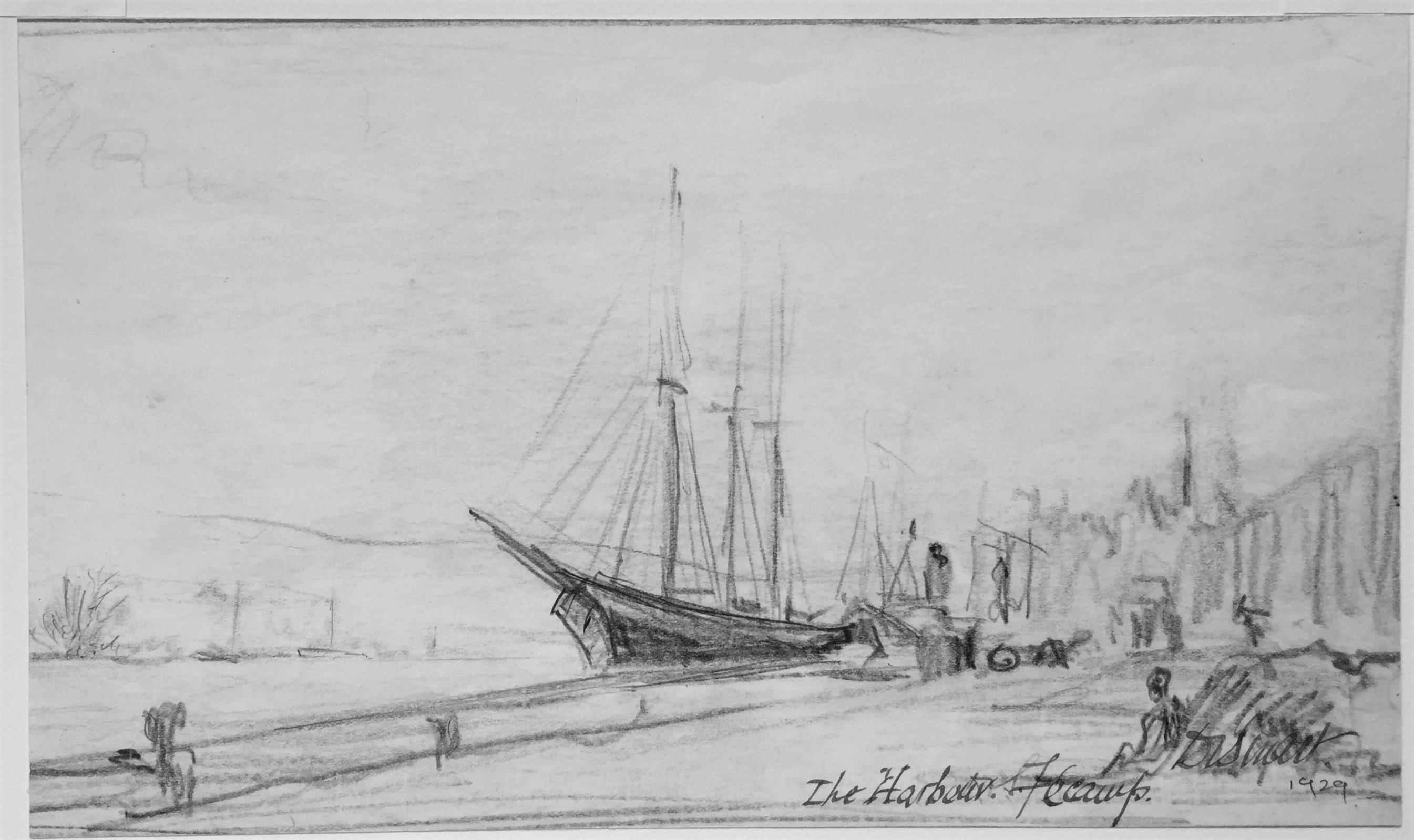 The Harbour, Fécamp - Gray Abstract Drawing by Douglas Ion Smart, R.E. 