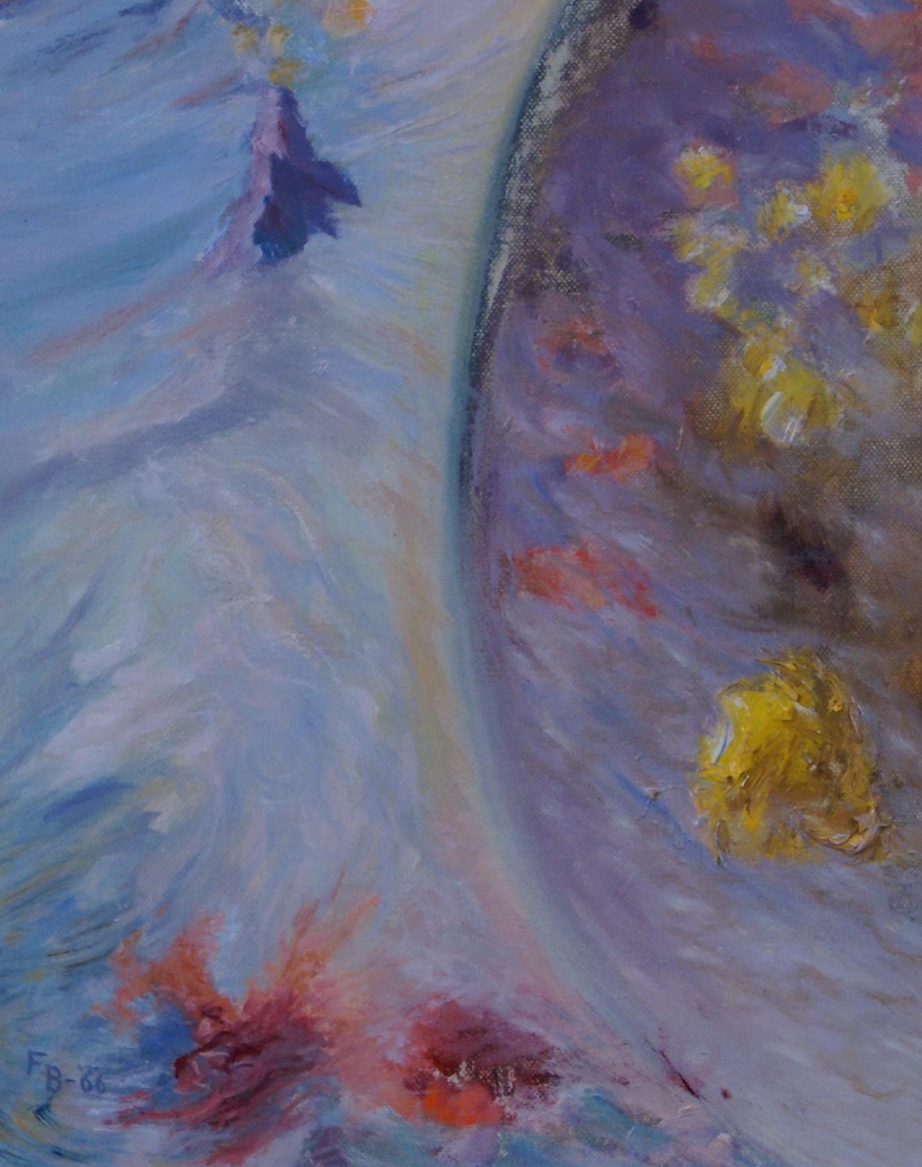 Représentation impressionniste de Freeman Baldridge de l'impact d'une vague sur la terre, avec un tourbillon de fleurs colorées et un oiseau au-dessus. L'huile sur toile mesure 15 15/16 x 12 ; les dimensions du cadre mesurent 22 1/8 x 18 x 1 1/2.