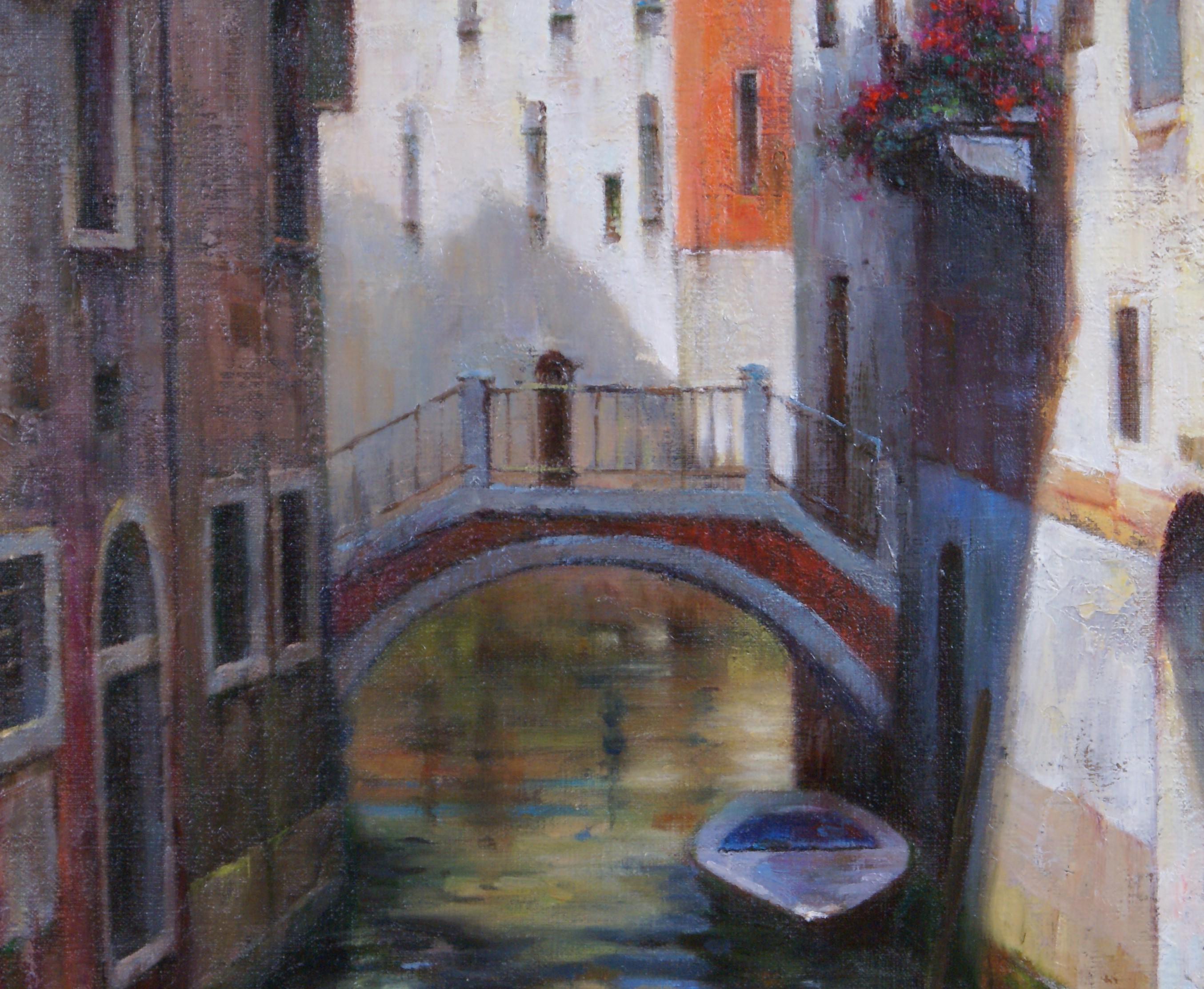 Canal vénitien - Gris Landscape Painting par David Zhao