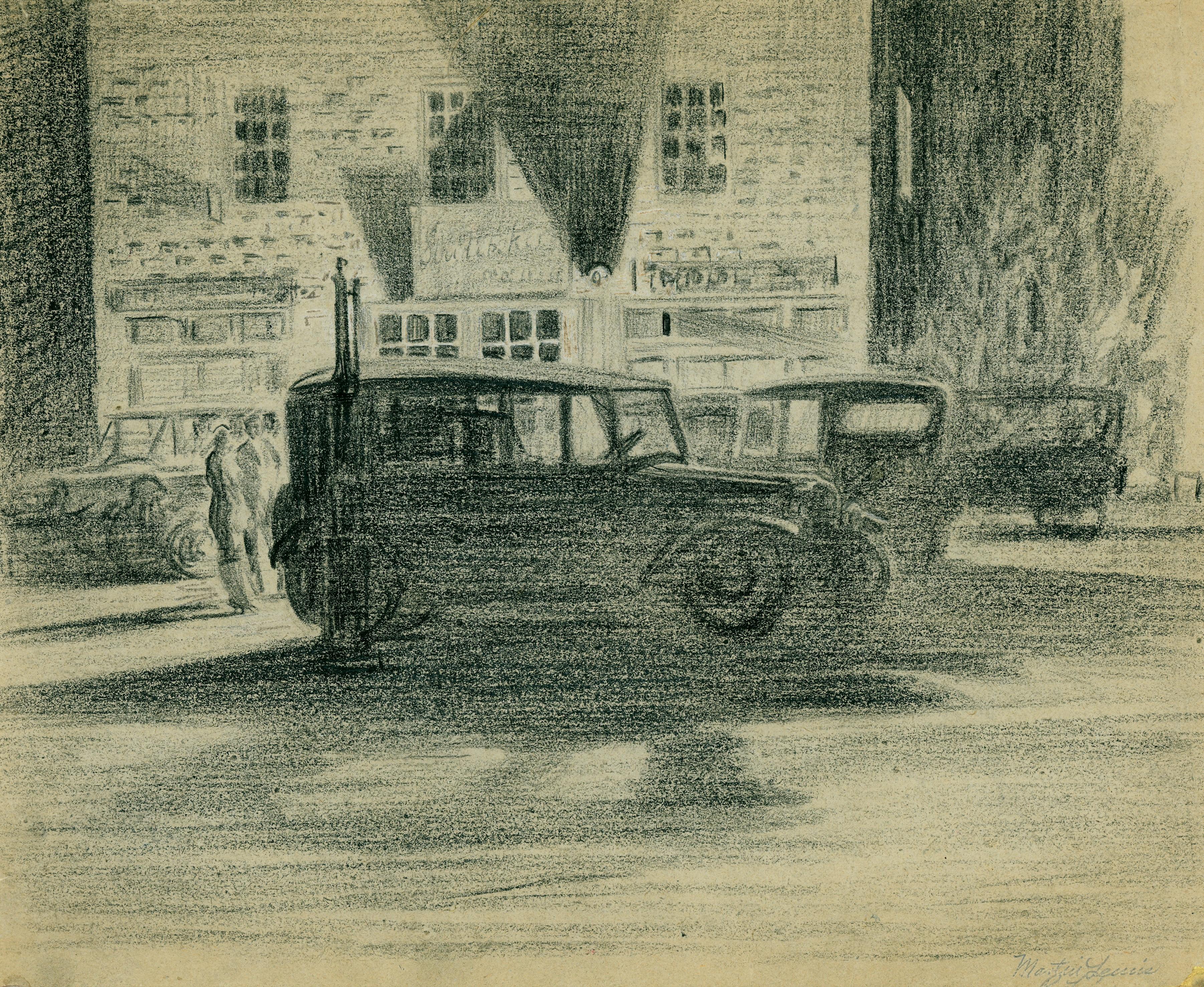 Shadows -- Garage at Night. c. 1928. Conte crayon drawing. Study for the drypoint, McCarron 69. 10 1/8 x 12 3/4 (the drypoint measures 9 7/8 x 11 7/8). The drypoint is illustrated in Fine Prints of the Year, 1928. Paper losses in the upper and lower