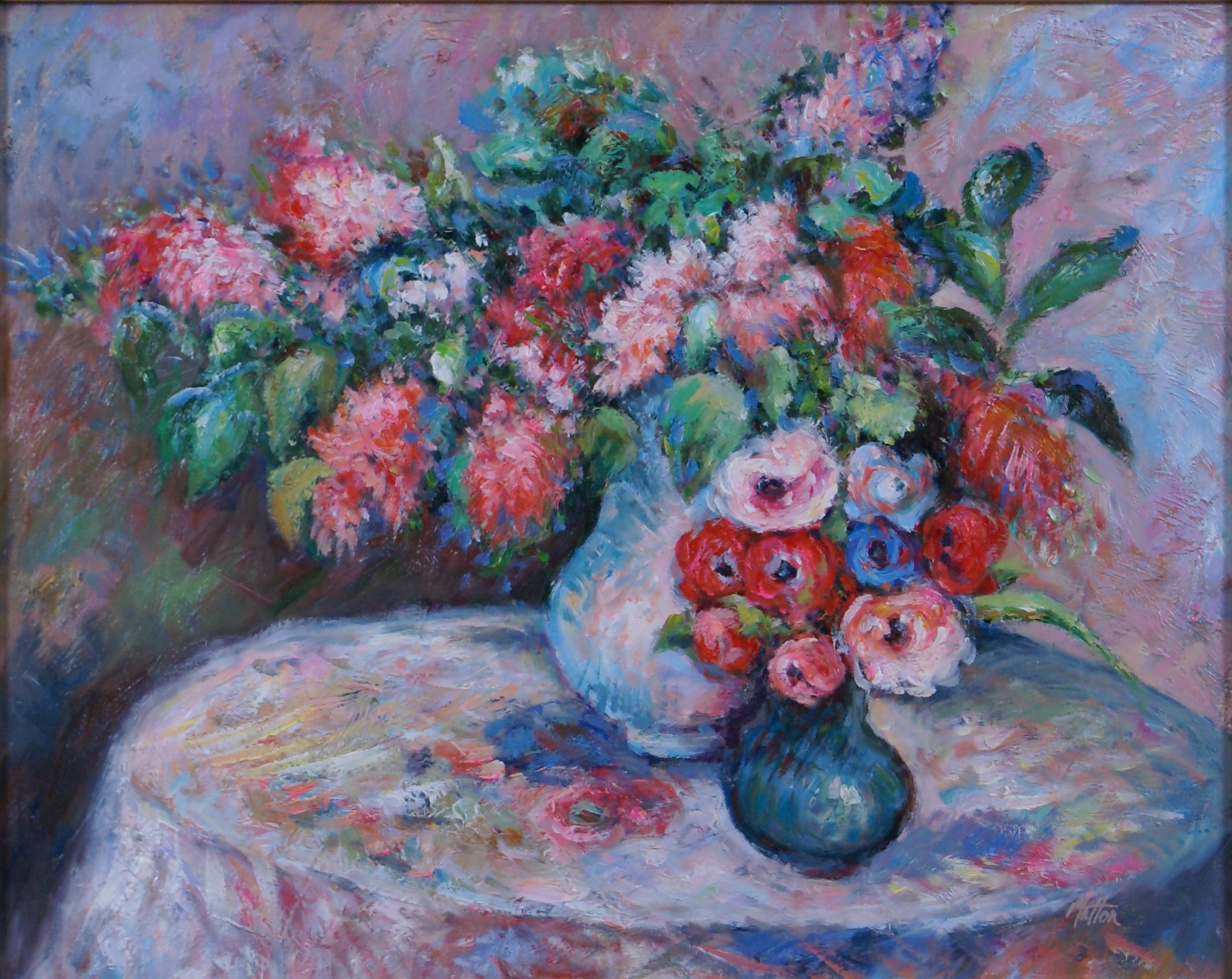 Paire de peintures de natures mortes à fleurs - Impressionnisme Painting par Matton