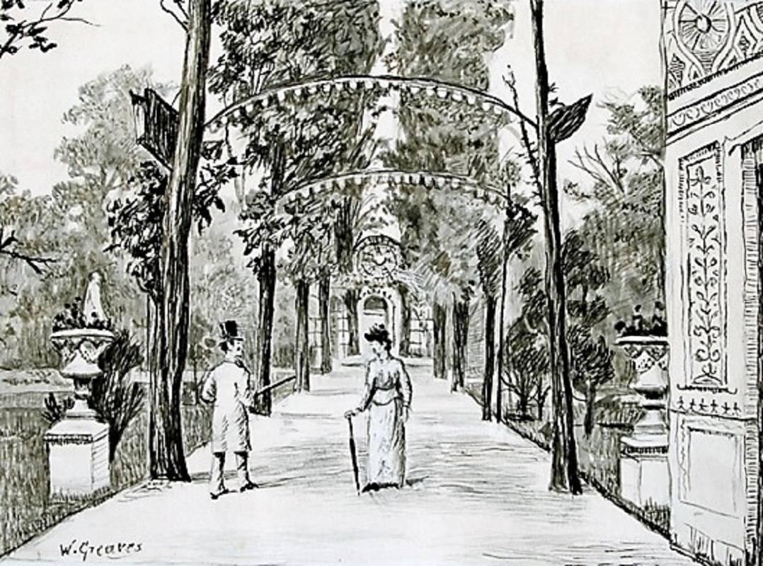 Whistler Wakling on 'The Avenue', Cremorne Gardens, London. - Art by Walter Greaves