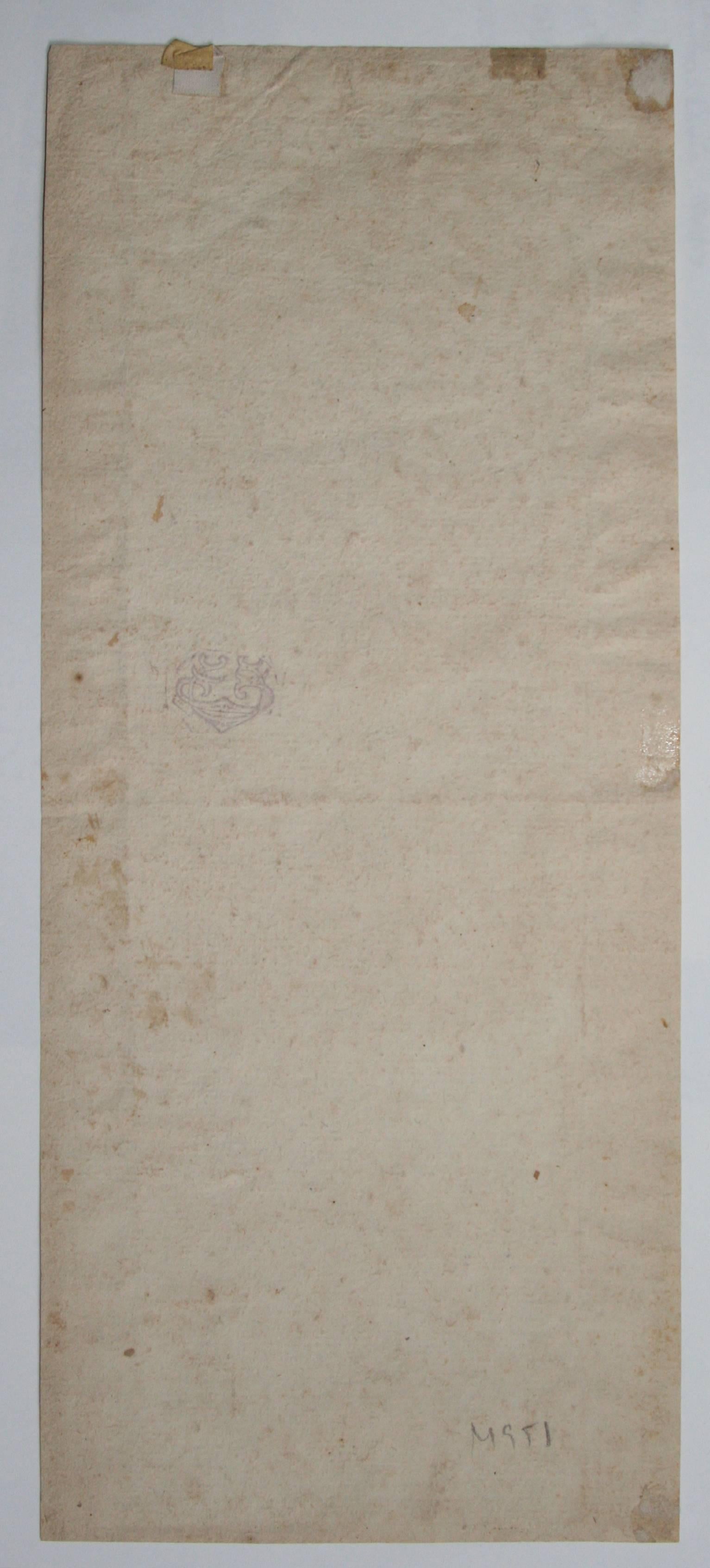 Moses bricht die Gesetzestafel. (nach Parmigianino. 1503-1540.) Bleistiftzeichnung auf Papier aufgezogen. 12 1/4 x 3 3/4 Zoll. Verso Siegel des Sammlers: Gustav Grunwald, (Lugt 1155b). Monogrammiert 