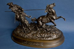 Bronze sculpture of a horse catching Russian farmer signed by Yevgueni Lanceray