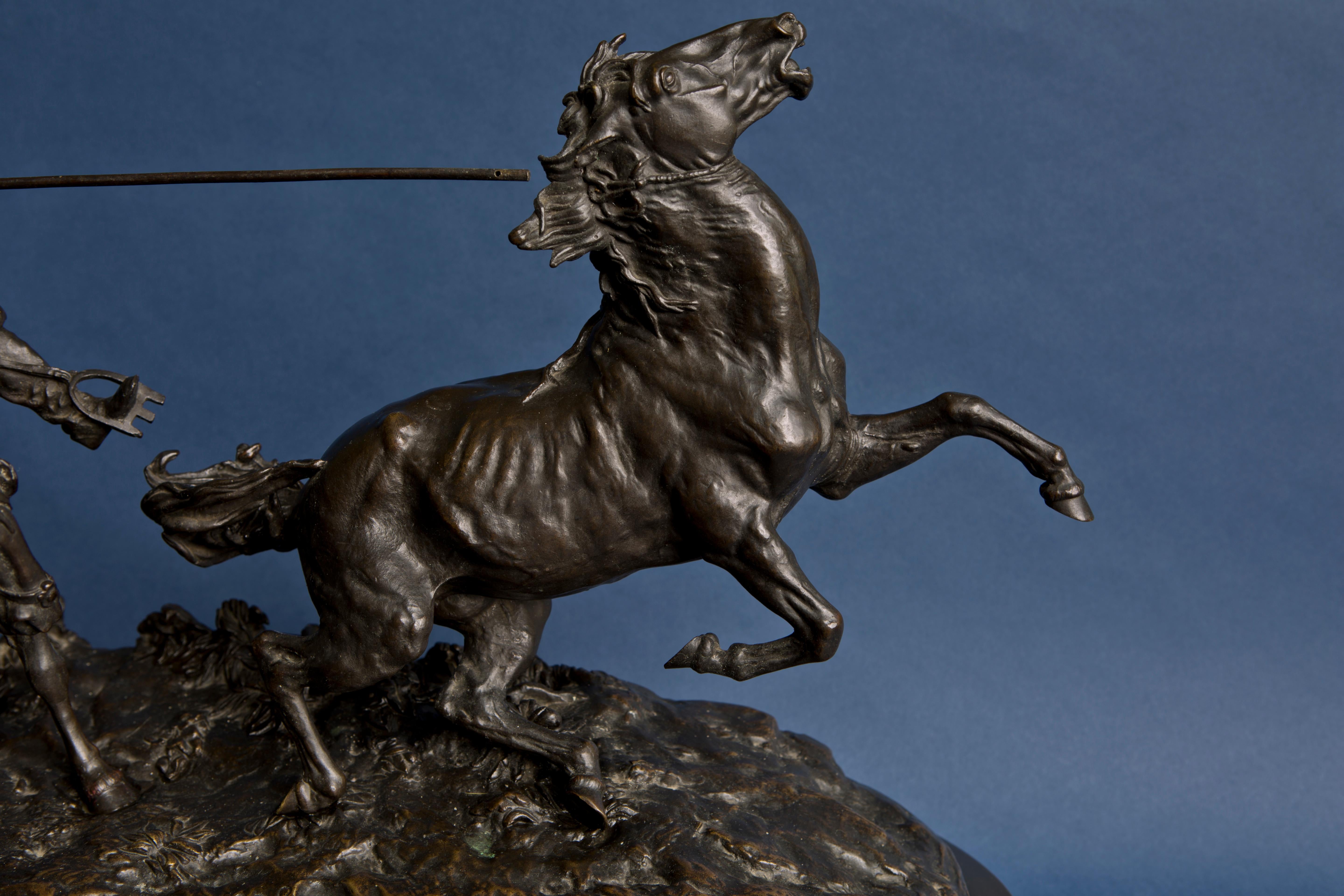 Bronze sculpture of a horse catching Russian farmer signed by Yevgueni Lanceray - Gold Figurative Sculpture by Yevgueni-Alex Lanceray  ( Evgeni Alexandrovich Lanceray )