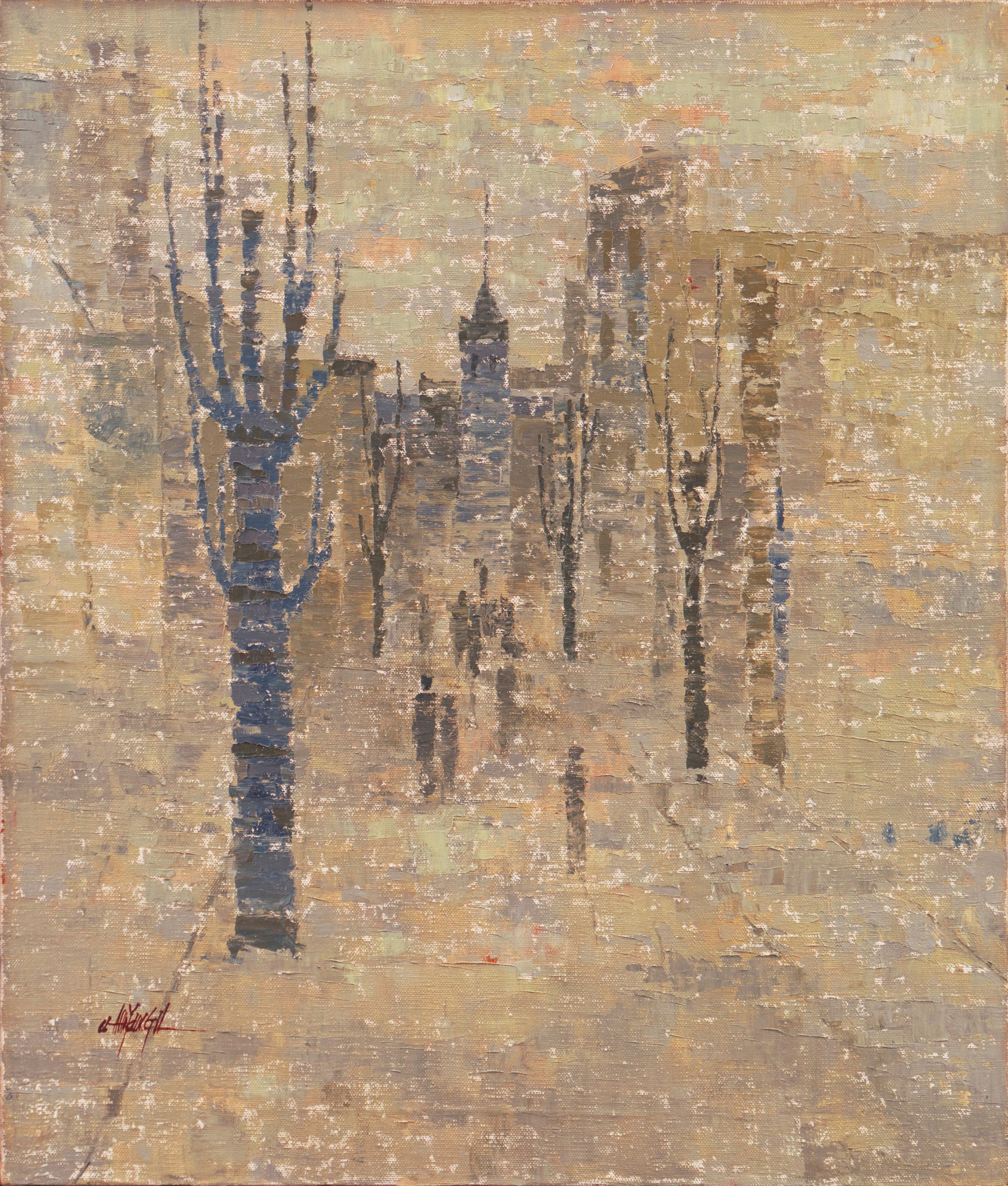 Young-il Ahn Abstract Painting - 'Cityscape with Figures', Korean Tonalist Oil,  Salon Pagodong, Seoul, LACMA