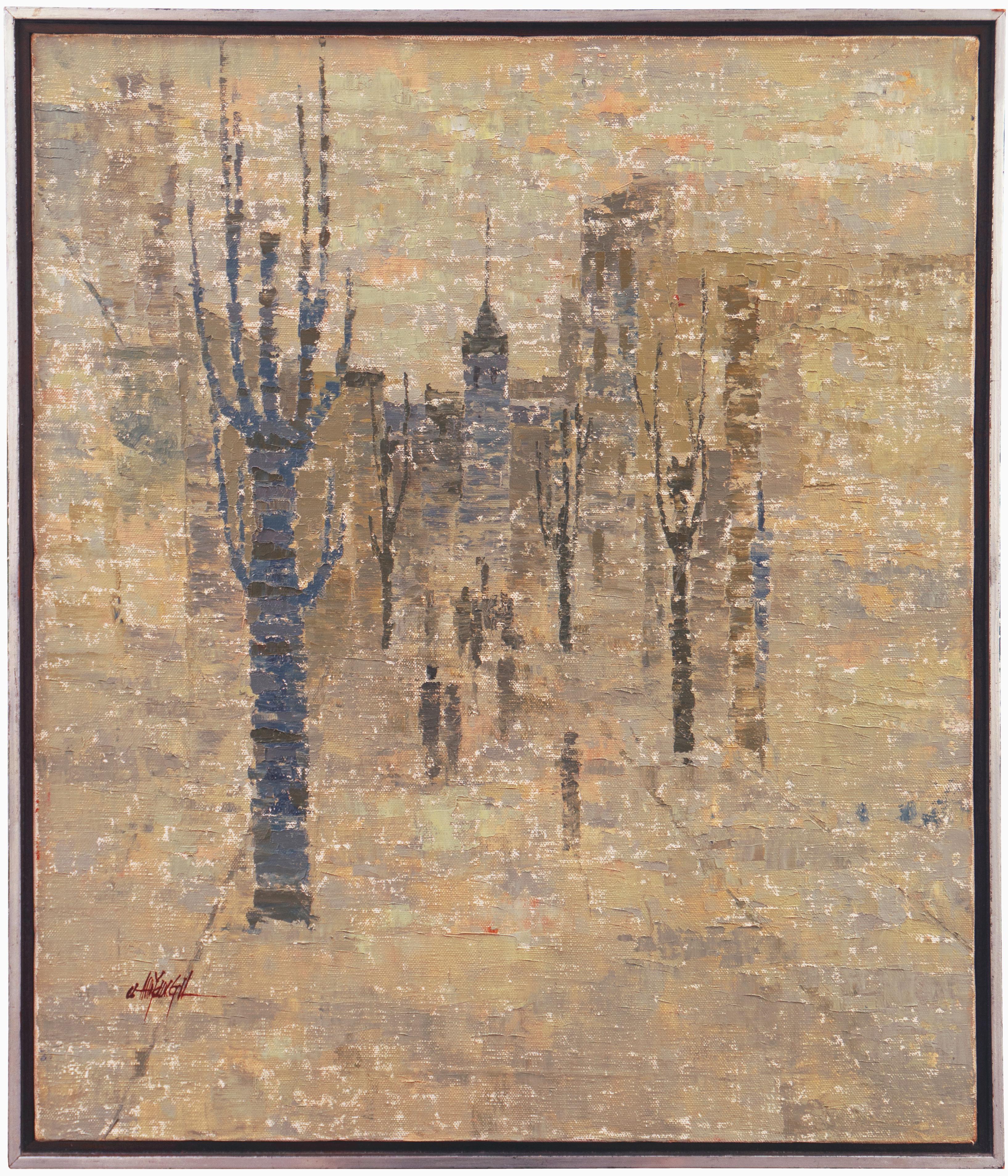 'Cityscape with Figures', Korean Tonalist Oil,  Salon Pagodong, Seoul, LACMA - Painting by Young-il Ahn
