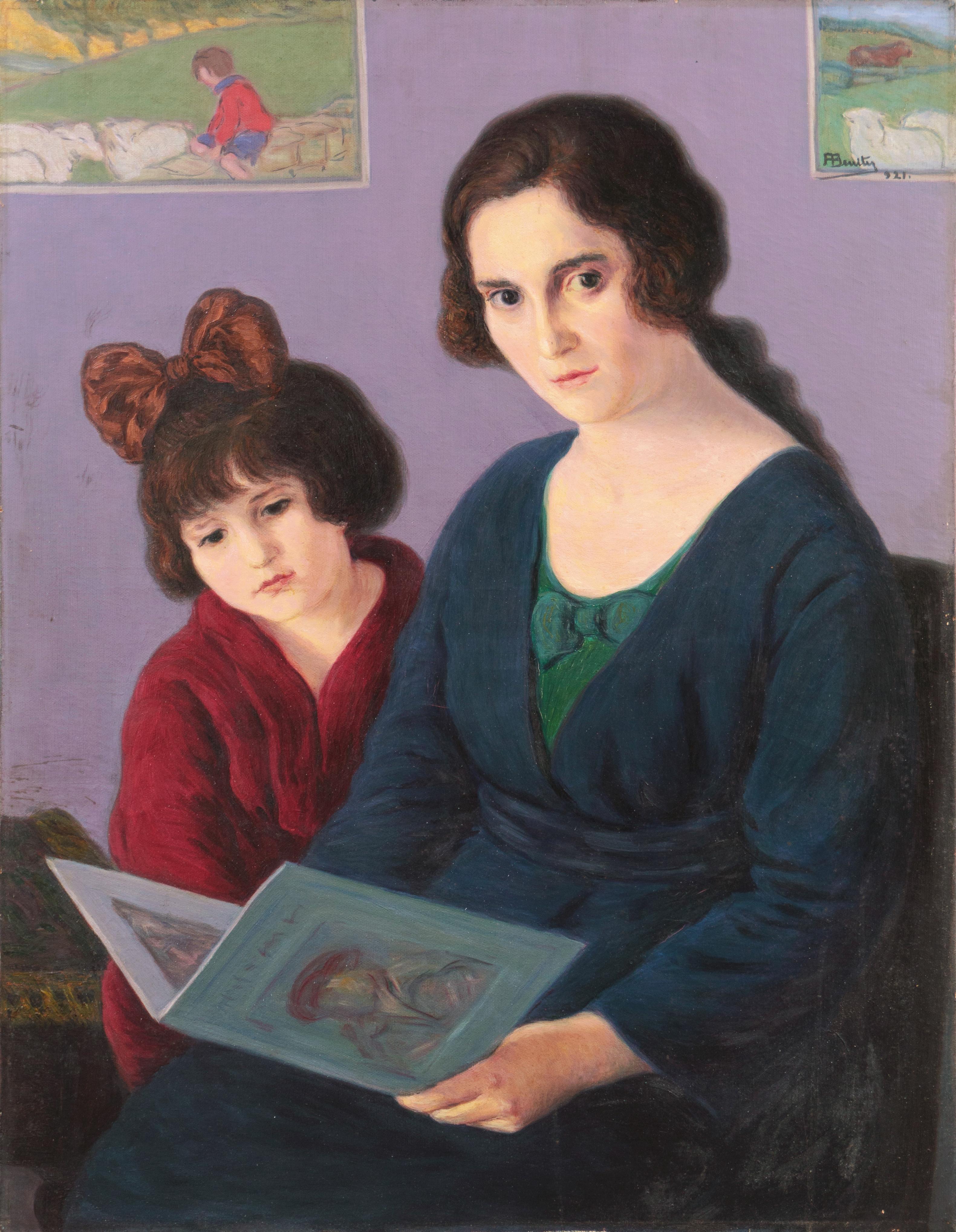 Arbo Francisco Benitez Portrait Painting - 'Mother and Daughter Reading', Large Argentine oil