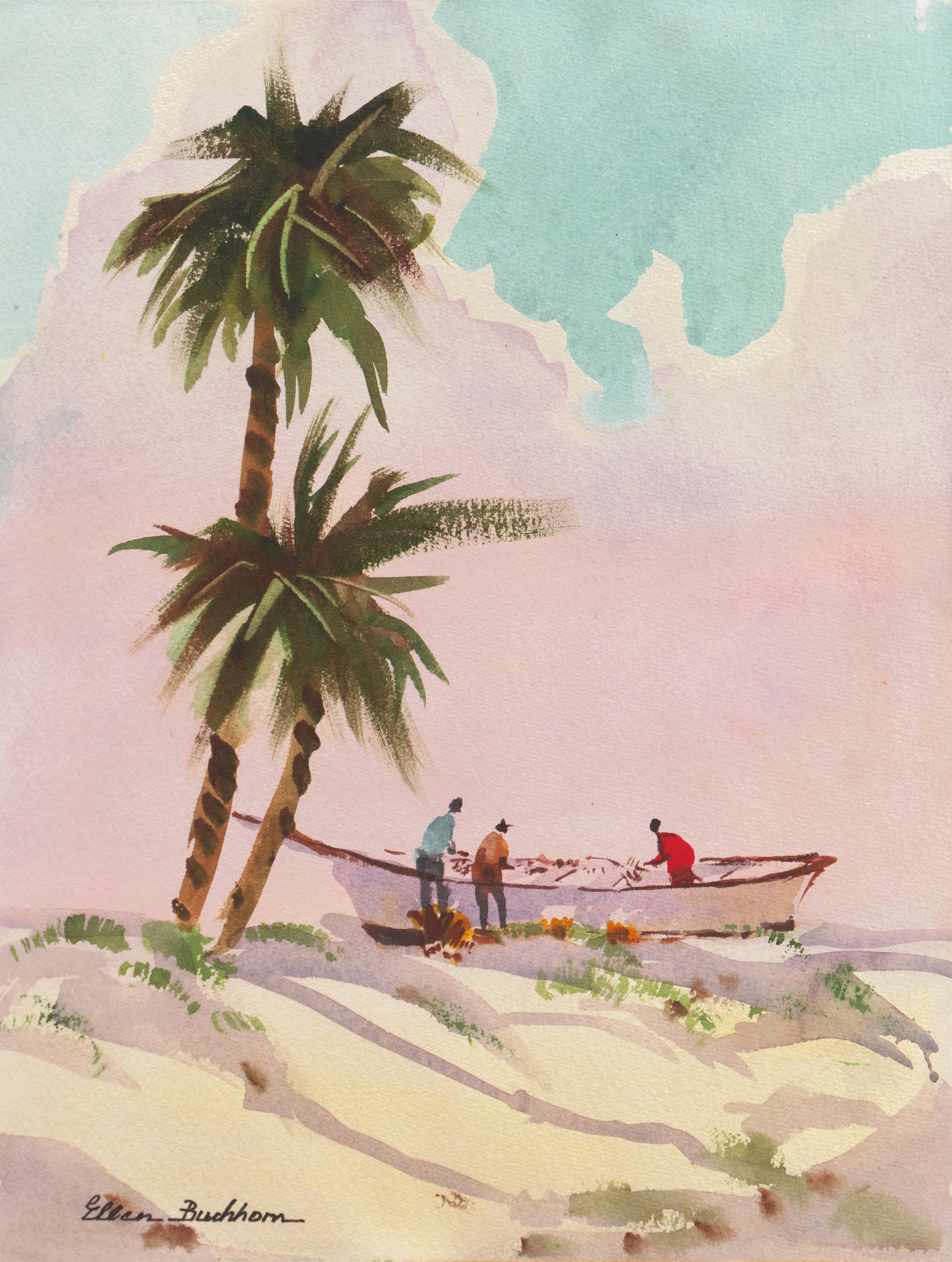 Ellen Buchhorn Landscape Art - Caribbean Wind   (Mid-century, Woman Artist, Island, Landscape, Pink, Blue)