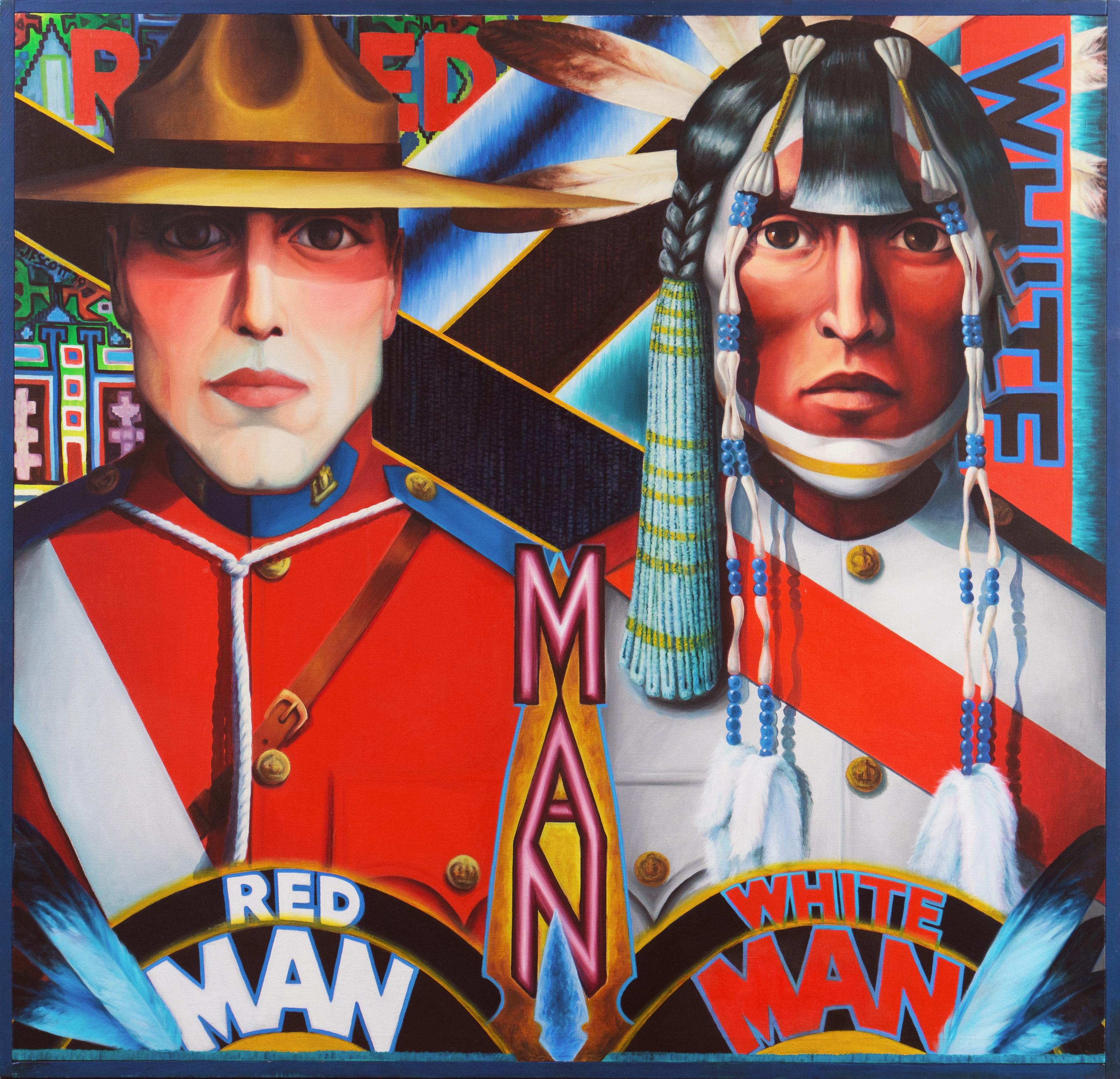 James Scott Figurative Painting - 'Red Man/White Man', Large Pop Art Figural, First Nation, Native American, RCMP