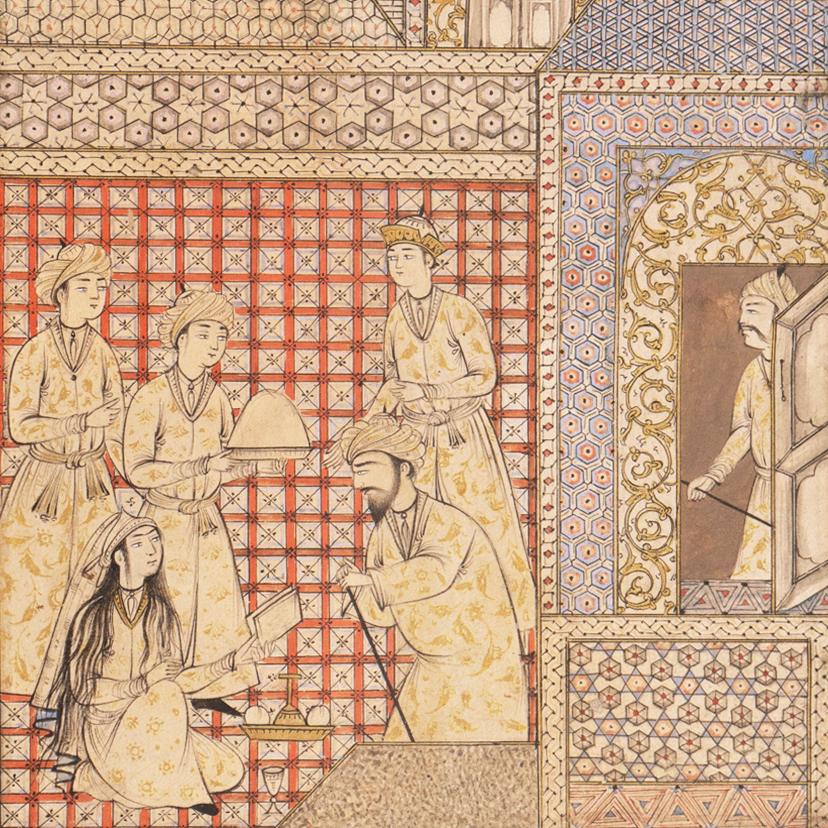 Scholars in a Courtyard, 19th Century Persian School, Gold Leaf & Gouache, Islam 3