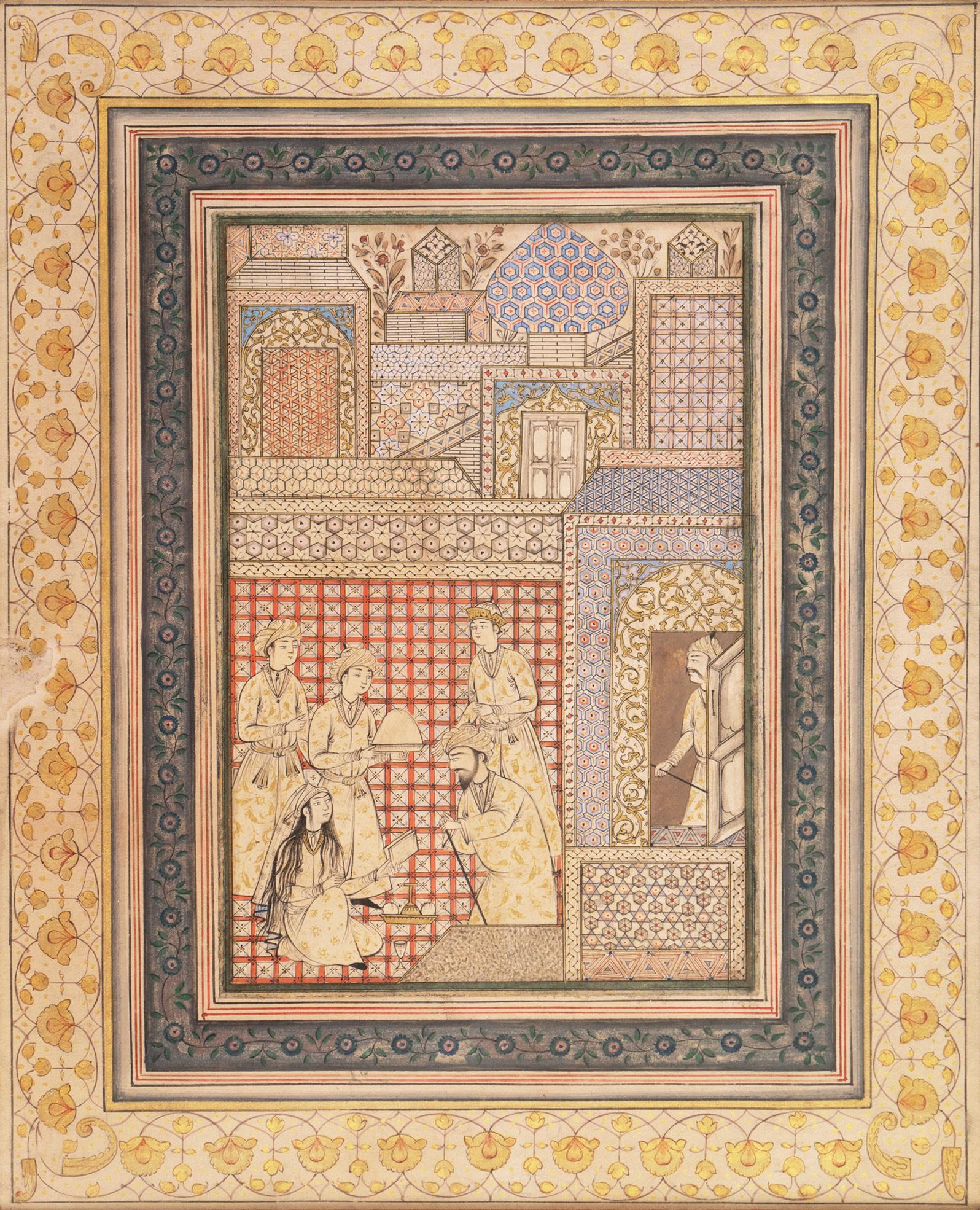 Scholars in a Courtyard, 19th Century Persian School, Gold Leaf & Gouache, Islam - Painting by Unknown