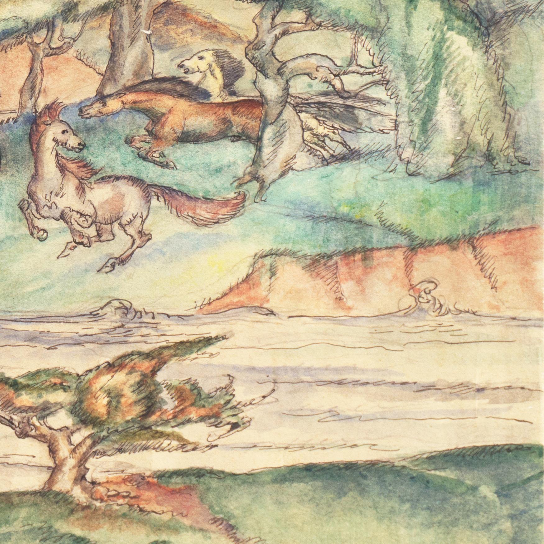 A delicate, Art Deco derived, figural landscape showing a man seated on a riverbank with a stag standing in a copse of trees and wild horses playing in the distance. Signed lower right, 'Kay H. Nebel' for Kay Heinrich Nebel (German, 1888-1953) and