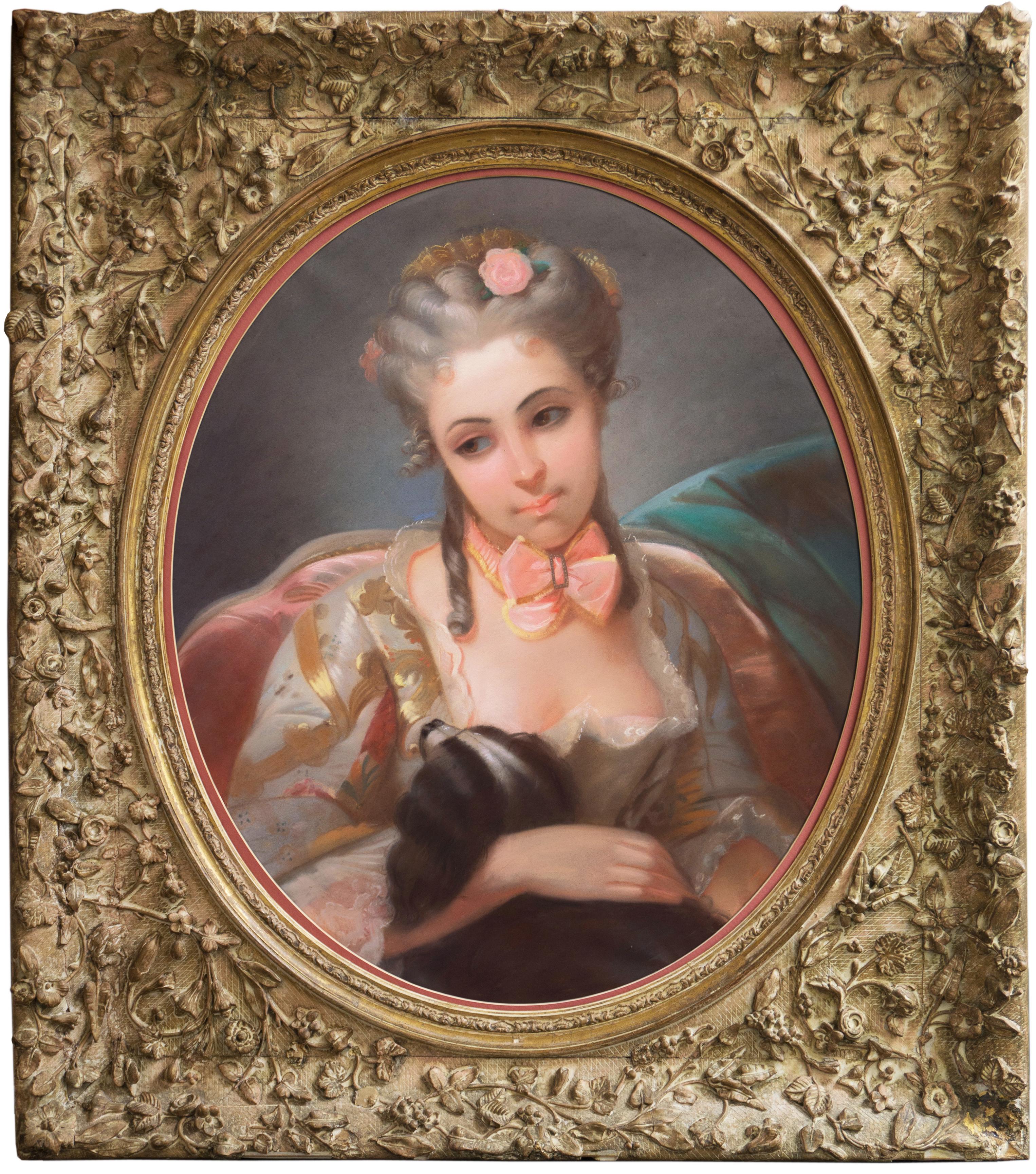 French School, 'Young Lady with a Spaniel', Louis XV Rococo Style Pastel