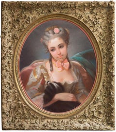 Giovane donna con uno spaniel di Charles Charles', Scuola francese, pastello Rococo Revival