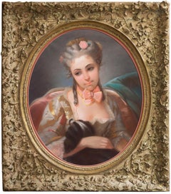 Antique 'Young Lady with a King Charles Spaniel', French School, Rococo Revival Pastel