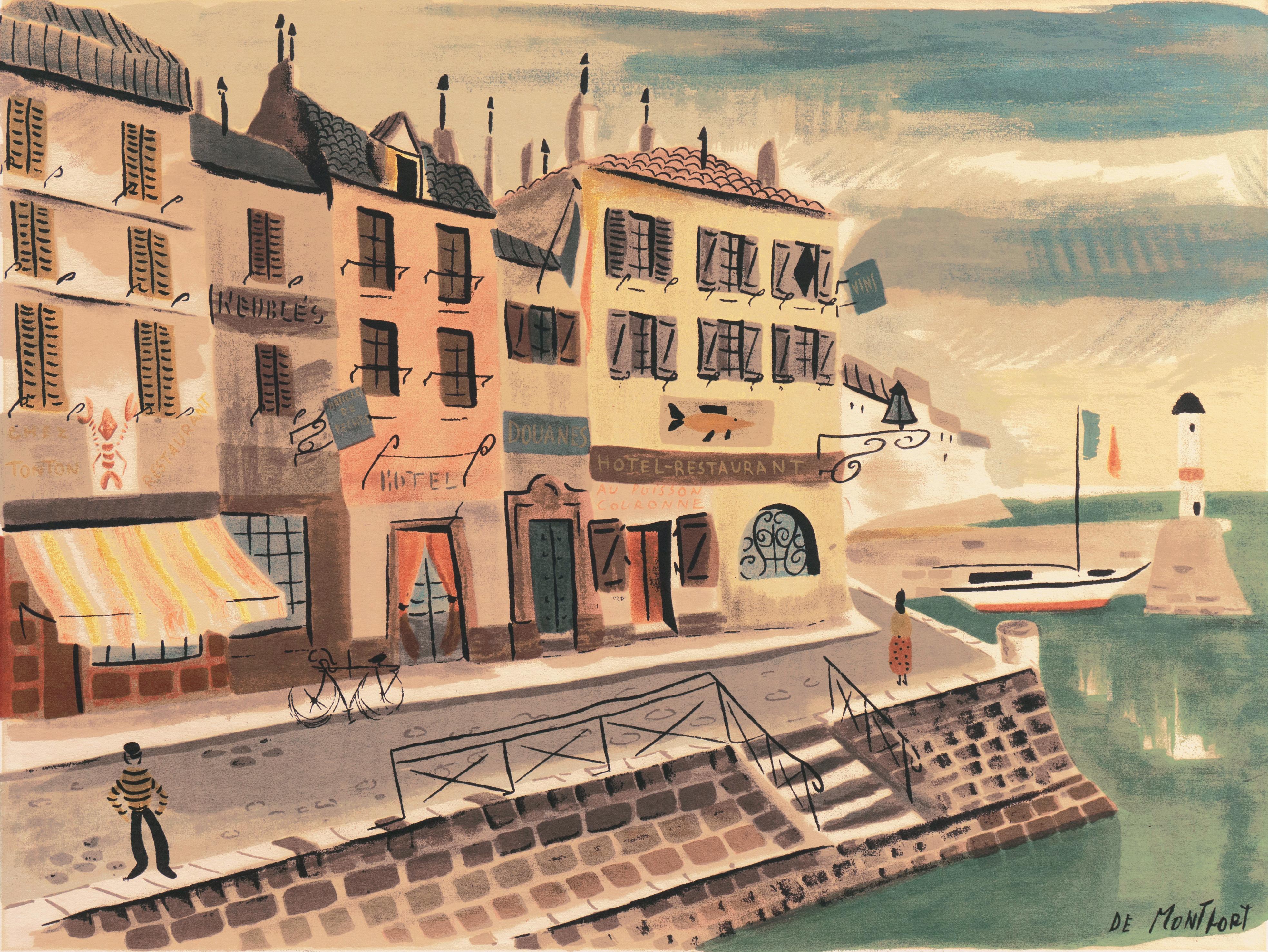 Charles de Montfort Landscape Print - 'Breton Village with Lighthouse', Post-Impressionism, Brittany, Modernism