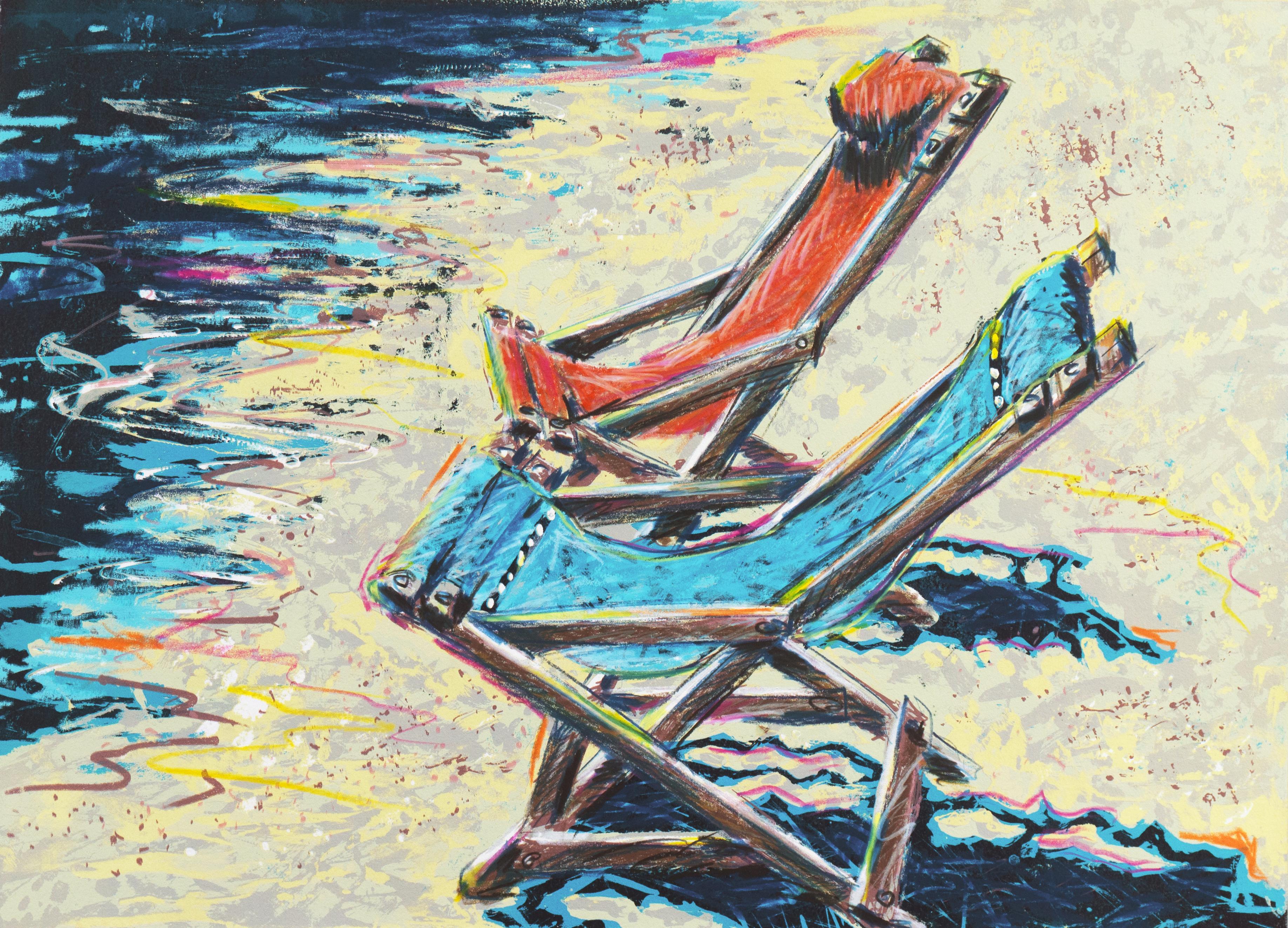 Margie Dickson Landscape Print – 'Deckchairs on the Beach', handkolorierter Siebdruck