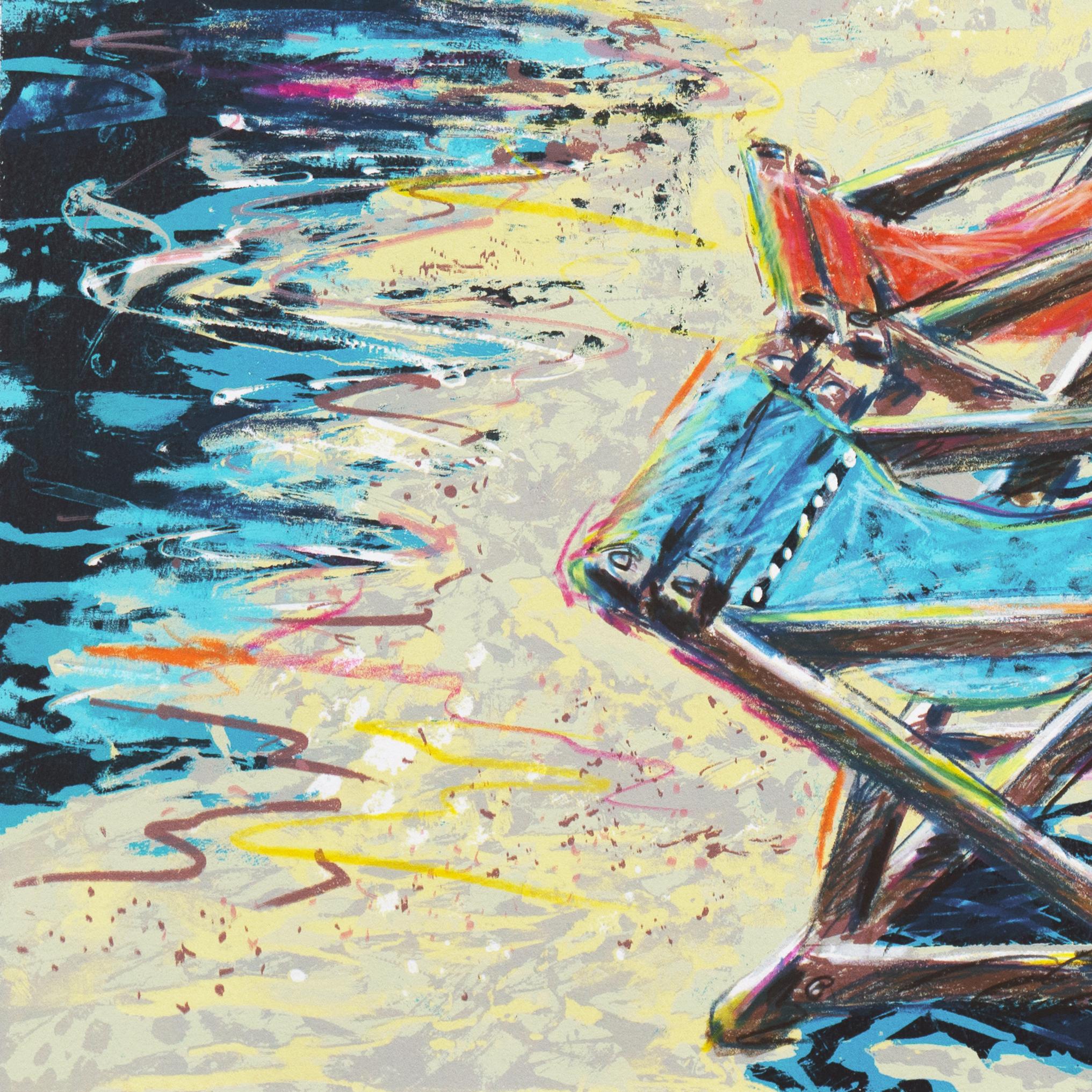 'Deckchairs on the Beach', Hand-Colored Screenprint For Sale 1