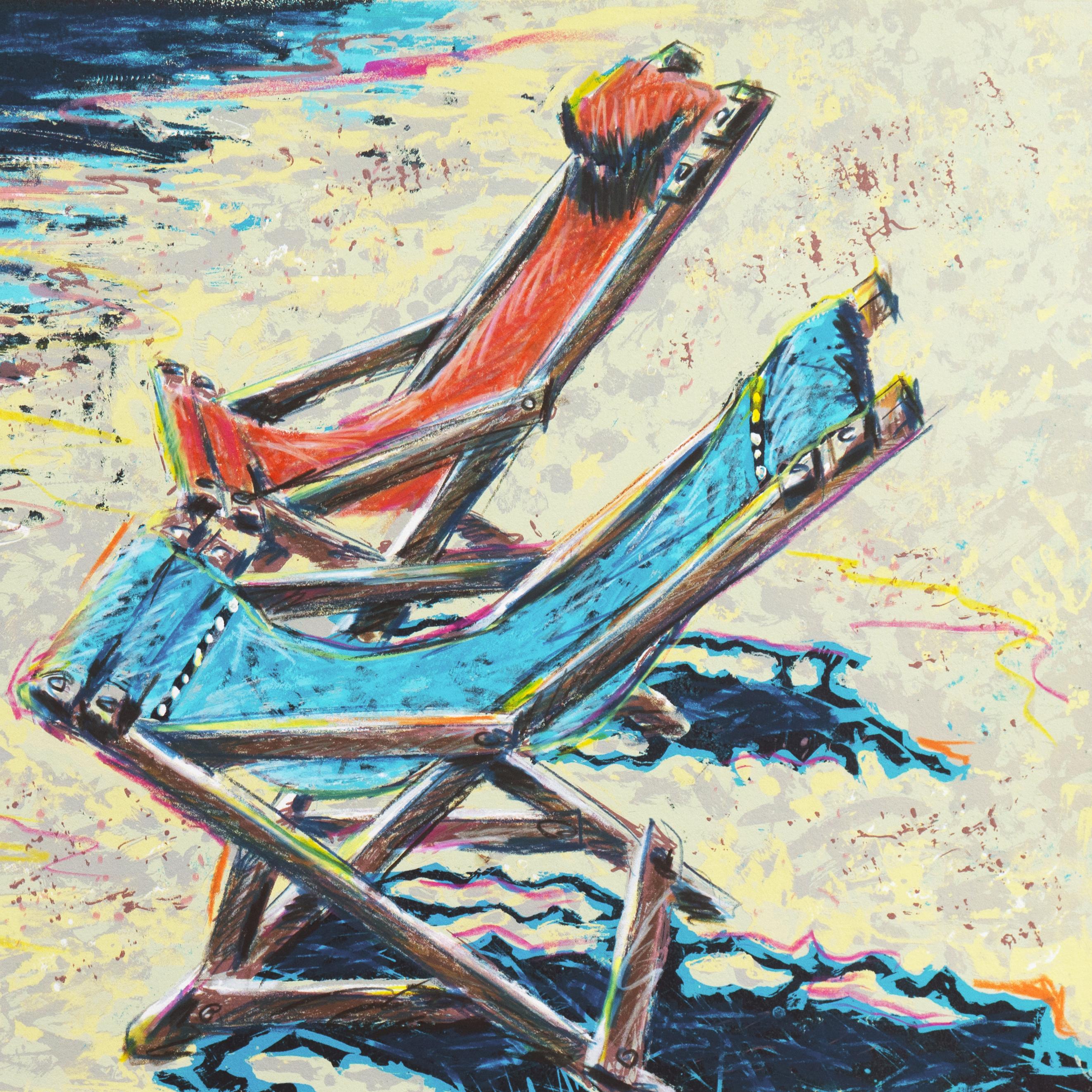 'Deckchairs on the Beach', Hand-Colored Screenprint - Modern Print by Margie Dickson