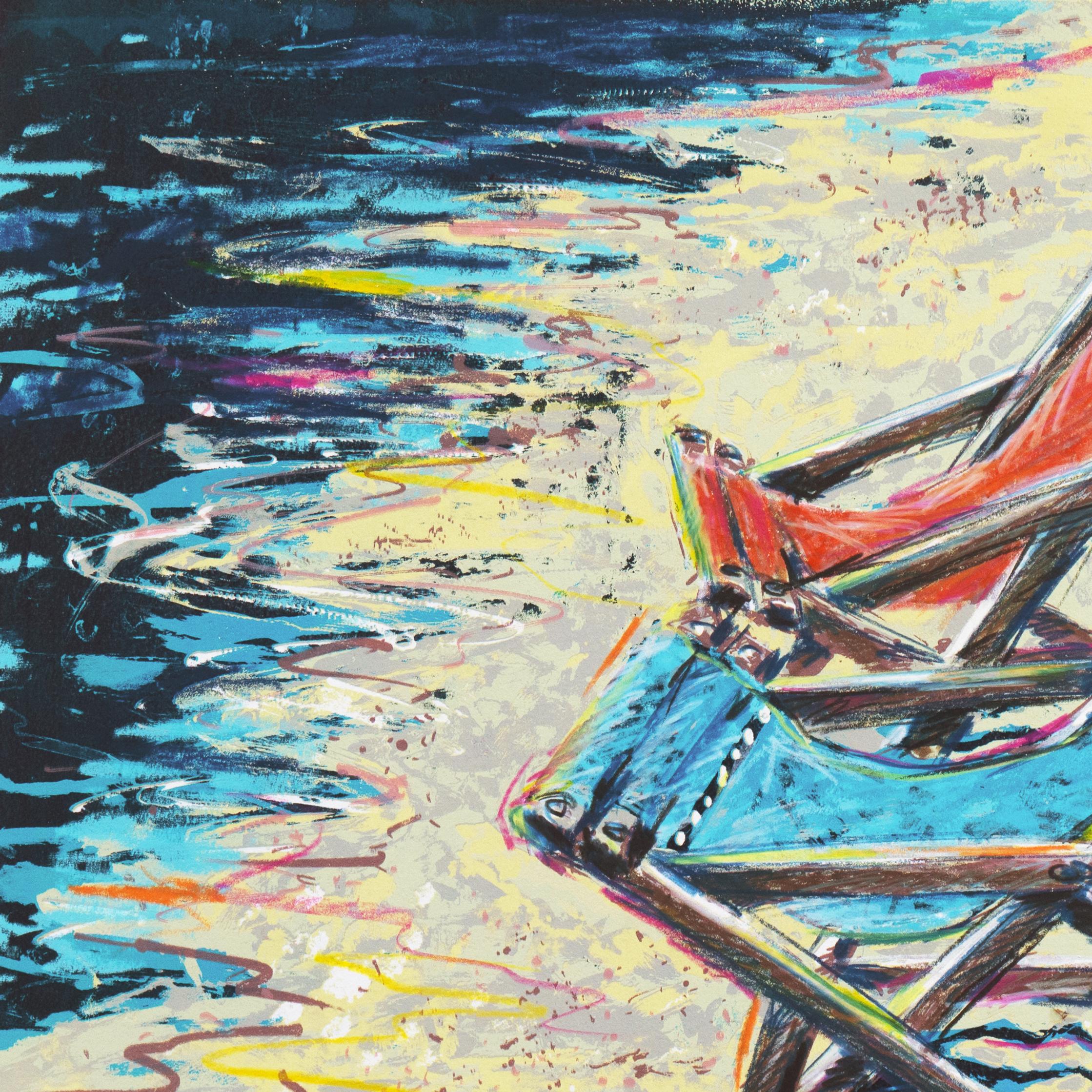 'Deckchairs on the Beach', Hand-Colored Screenprint For Sale 2