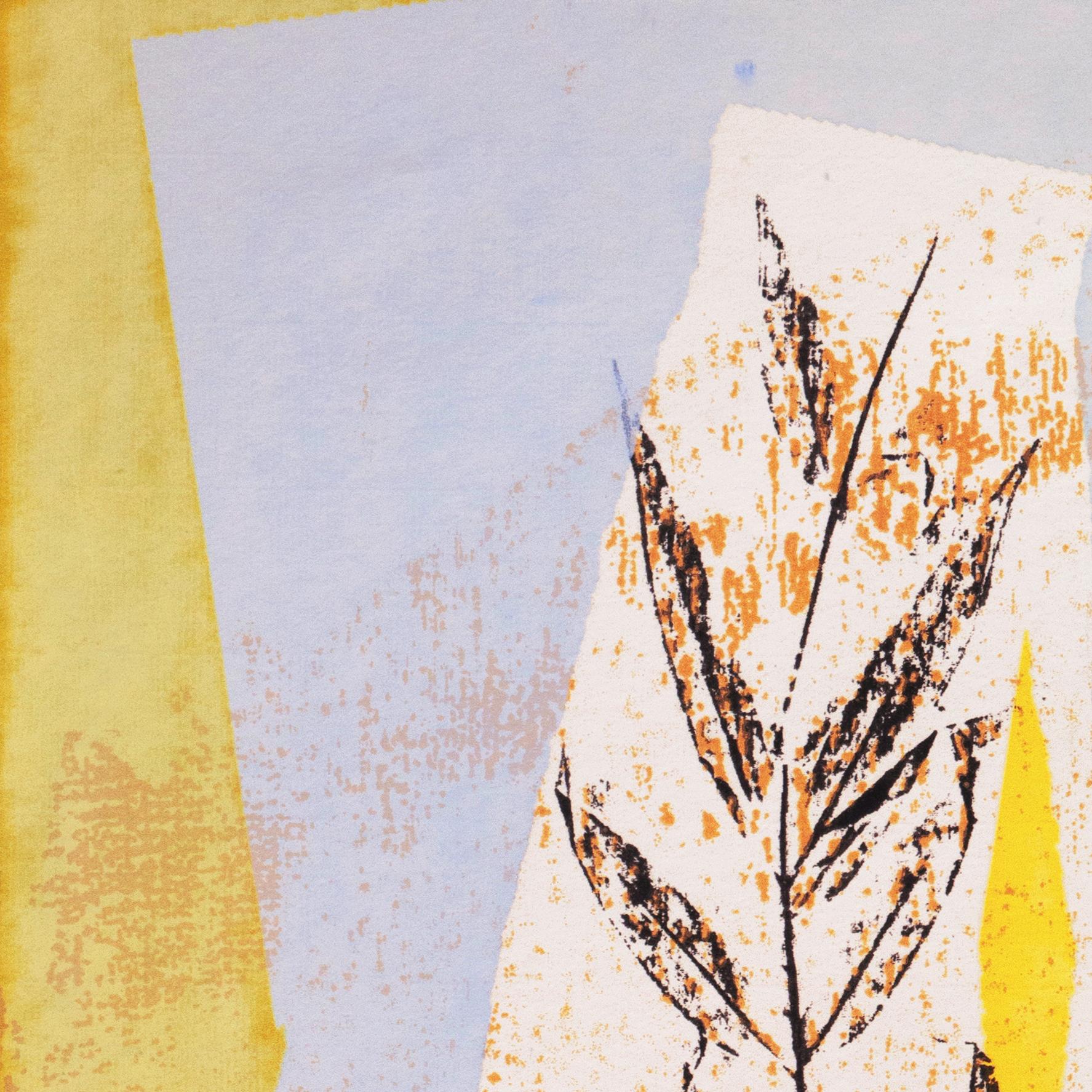Leaves Against Ochre and Blue - Beige Abstract Print by Jeannette Bedwell