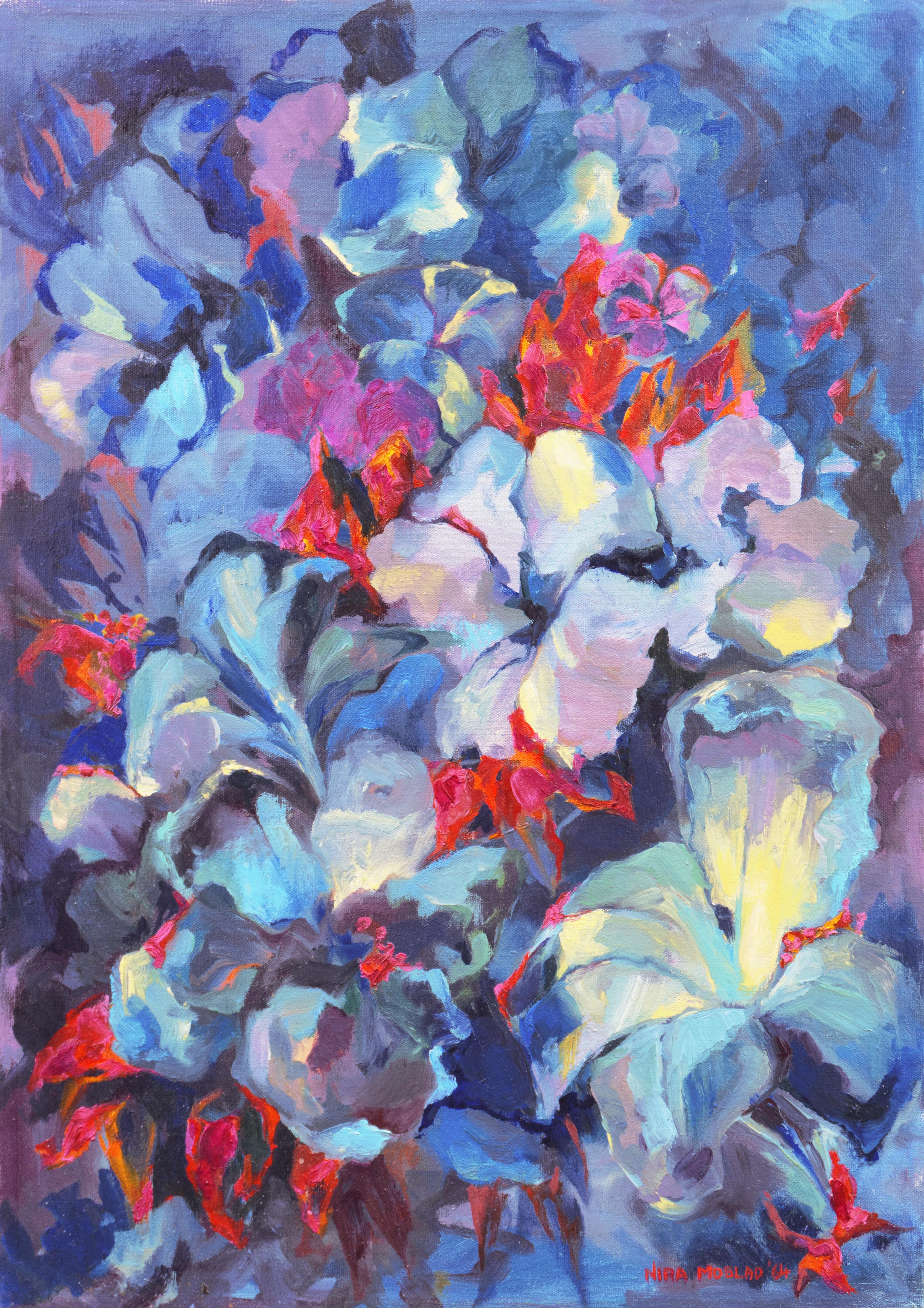 Nira Moblad Abstract Painting – „Blumen abstrakt, blau und Koralle“, postimpressionistisches Stillleben