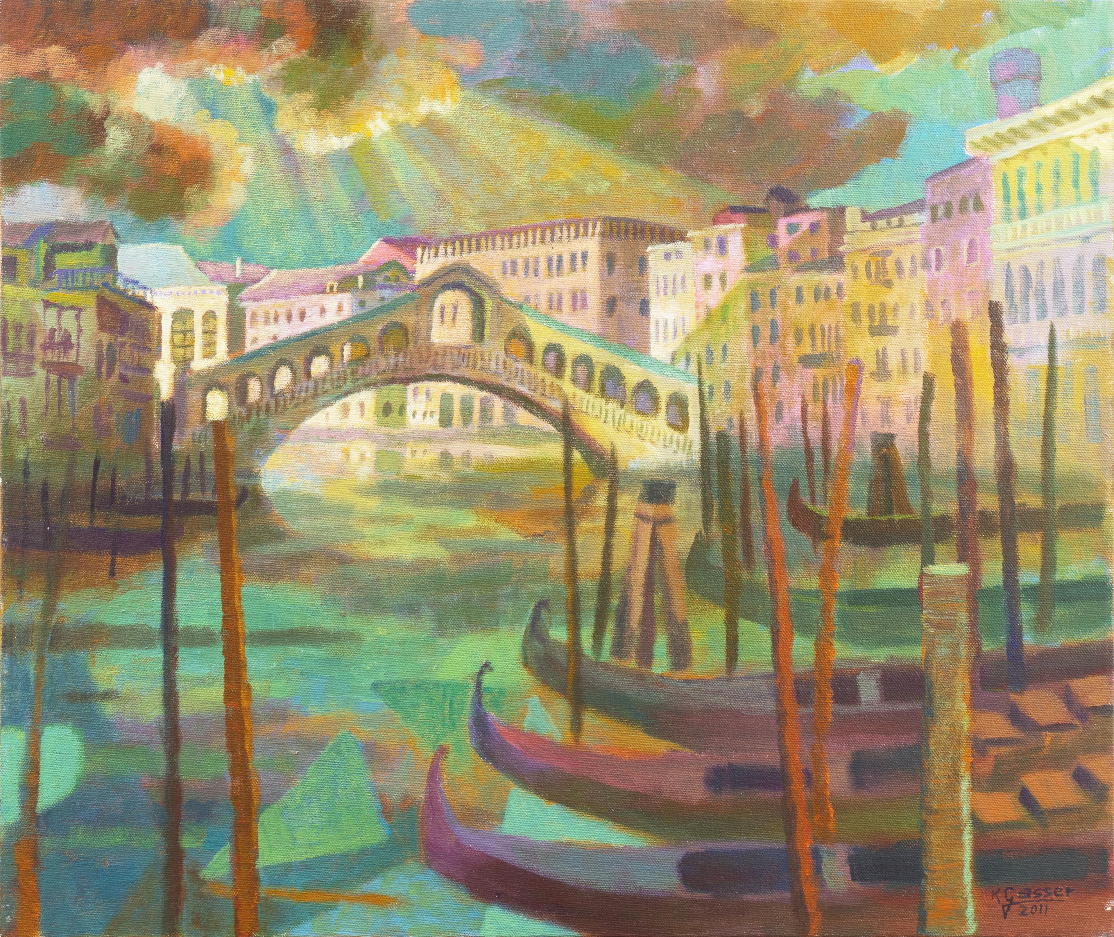 Karl Gasser Landscape Painting - 'The Rialto Bridge, Sunset', Venetian Canal, Dusseldorf Academy, Large Oil